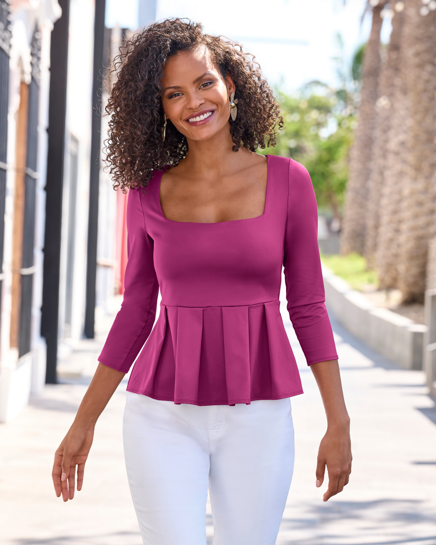 So Modern Peplum Pleated Knit Top Festival Fuchsia