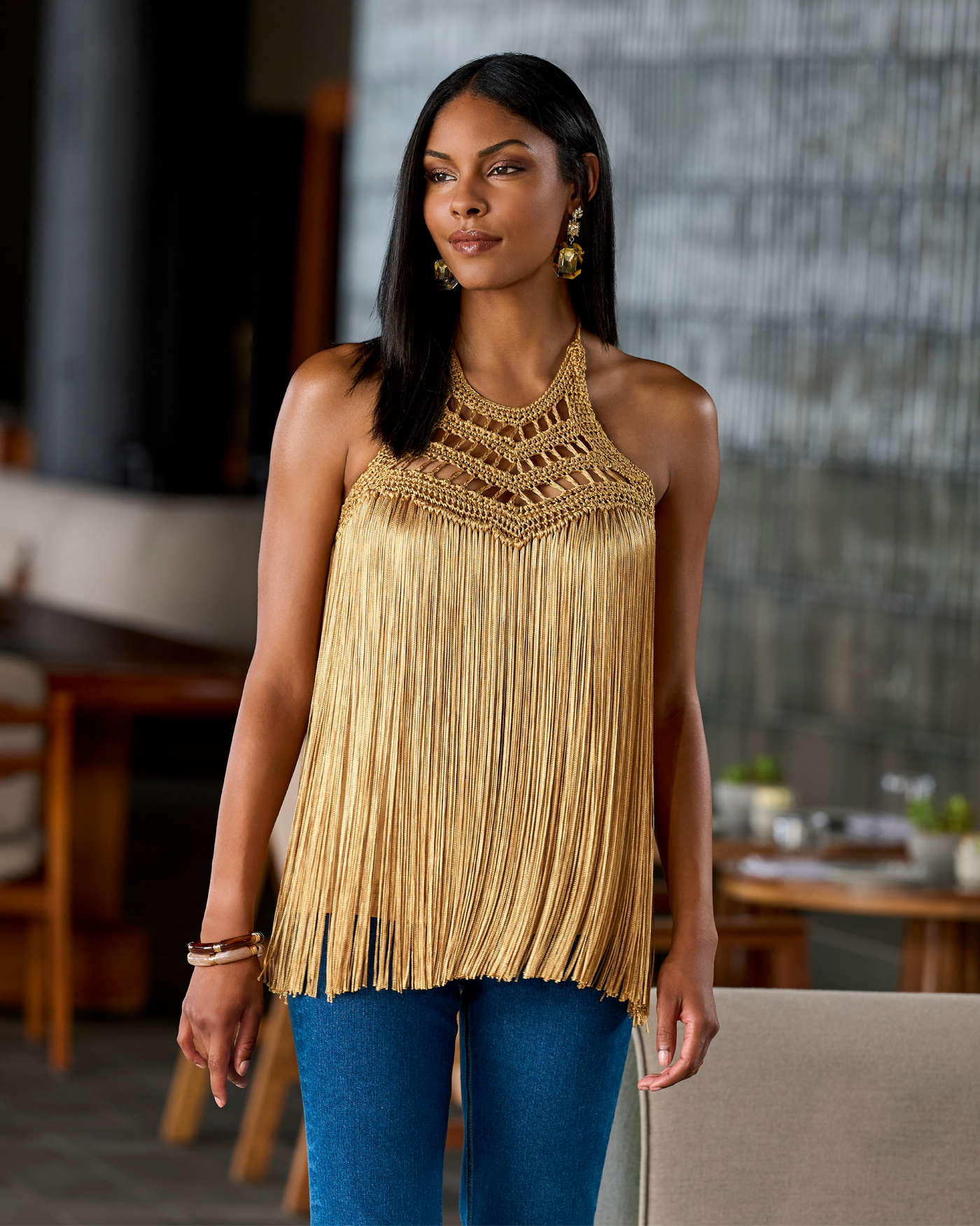 Macramé Fringe High Neck Tank Tan