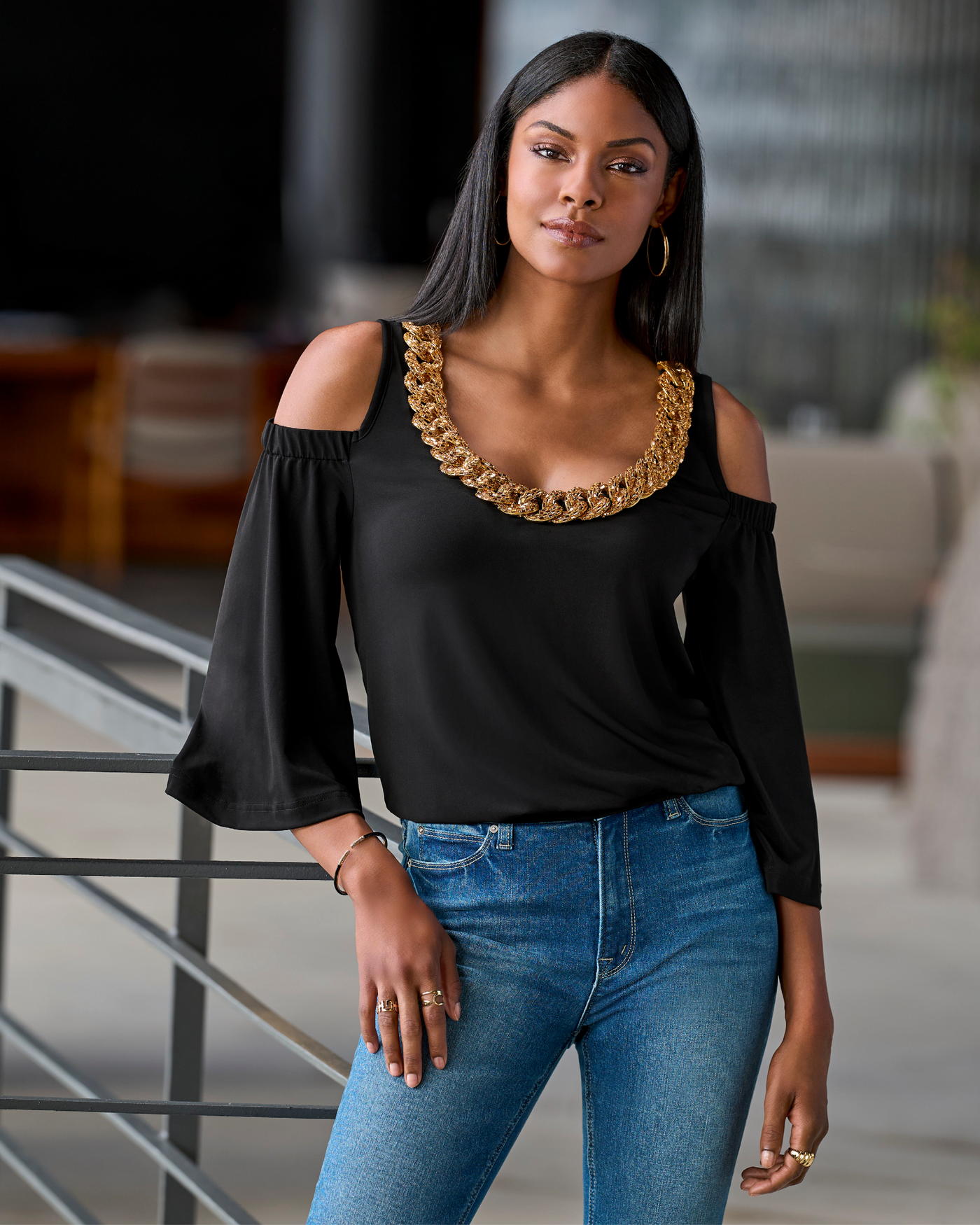 So Chic Cold Shoulder Heat Seal Chain Blouson Top Black
