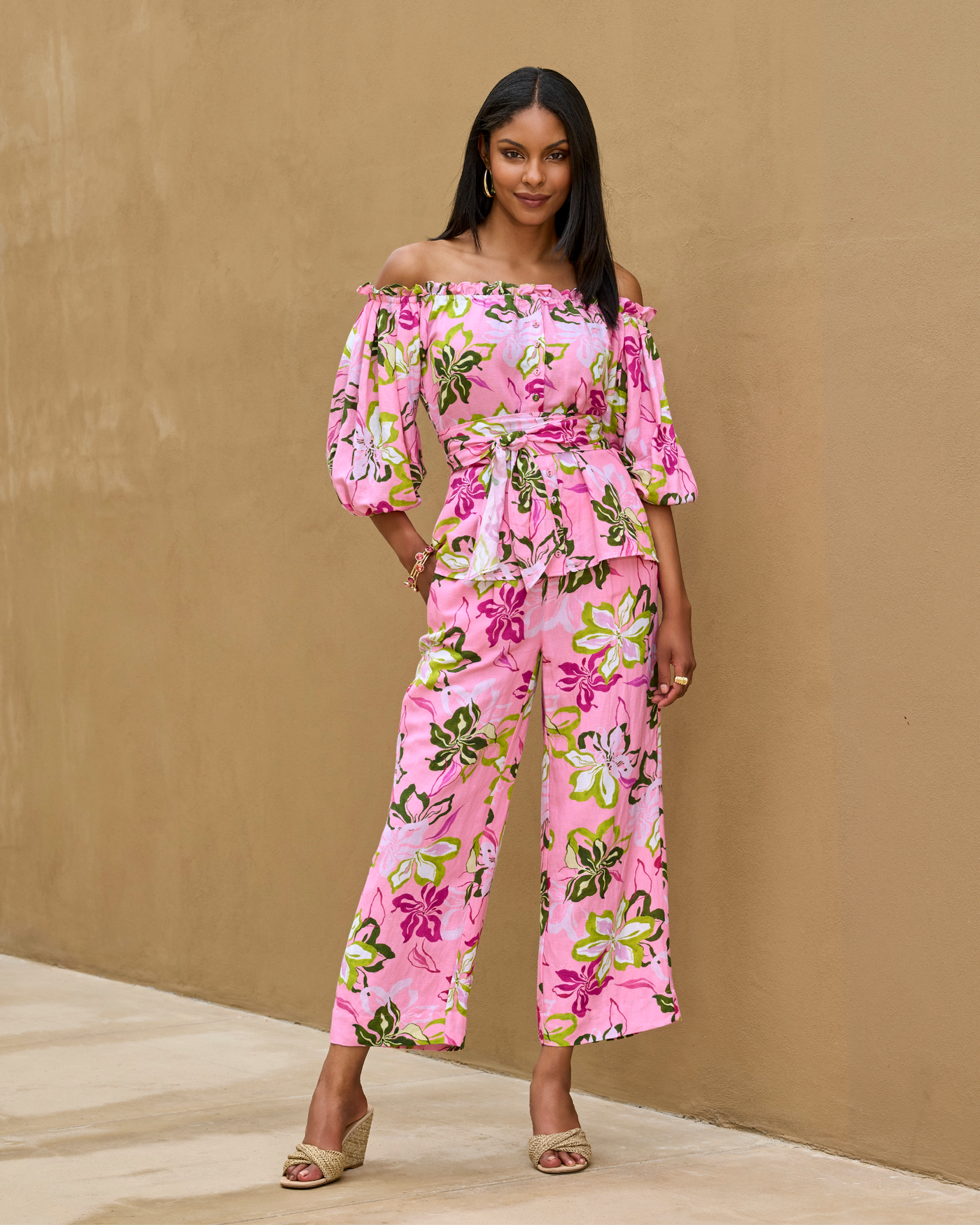 Malibu Linen Cropped Print Pant Painted Poppies