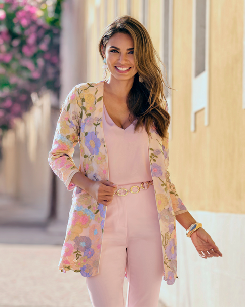 Pastel Embroidered Mesh Three Quarter Sleeve Hip Length Duster Pink Multi