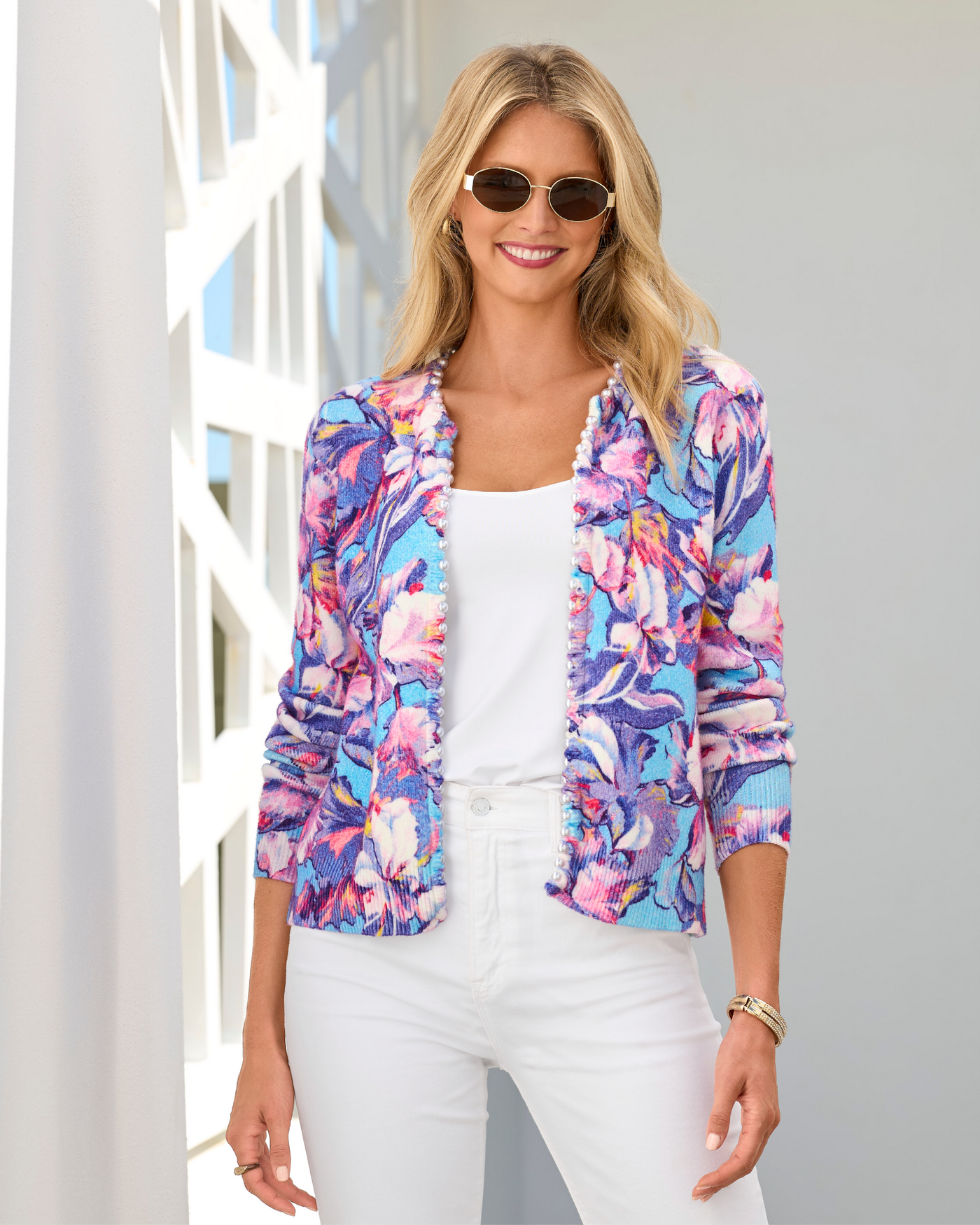 Printed Pearl Trim Cardigan Paris Fleurs