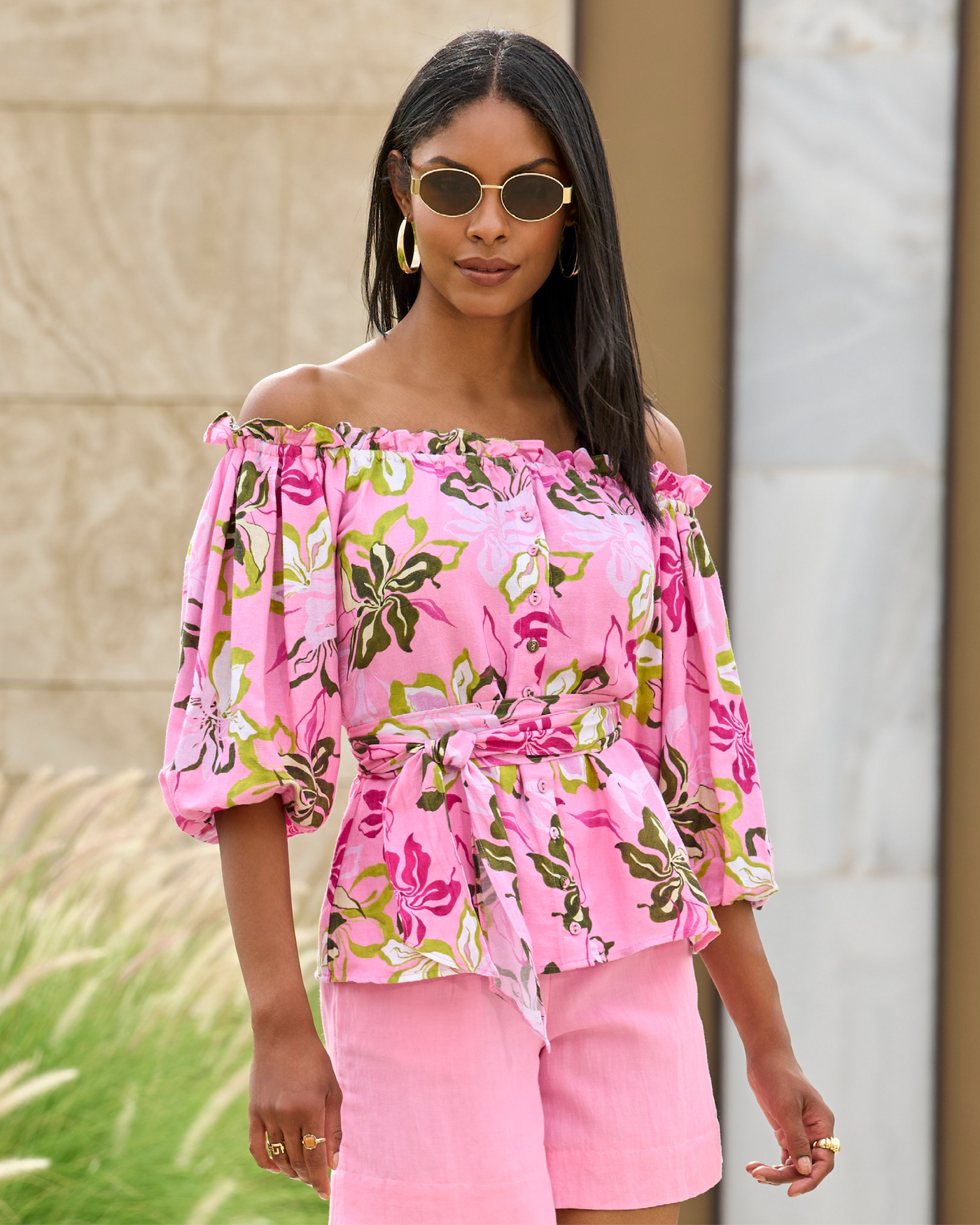 Print Linen Puff Sleeve Tie Waist Peplum Blouse Painted Poppies