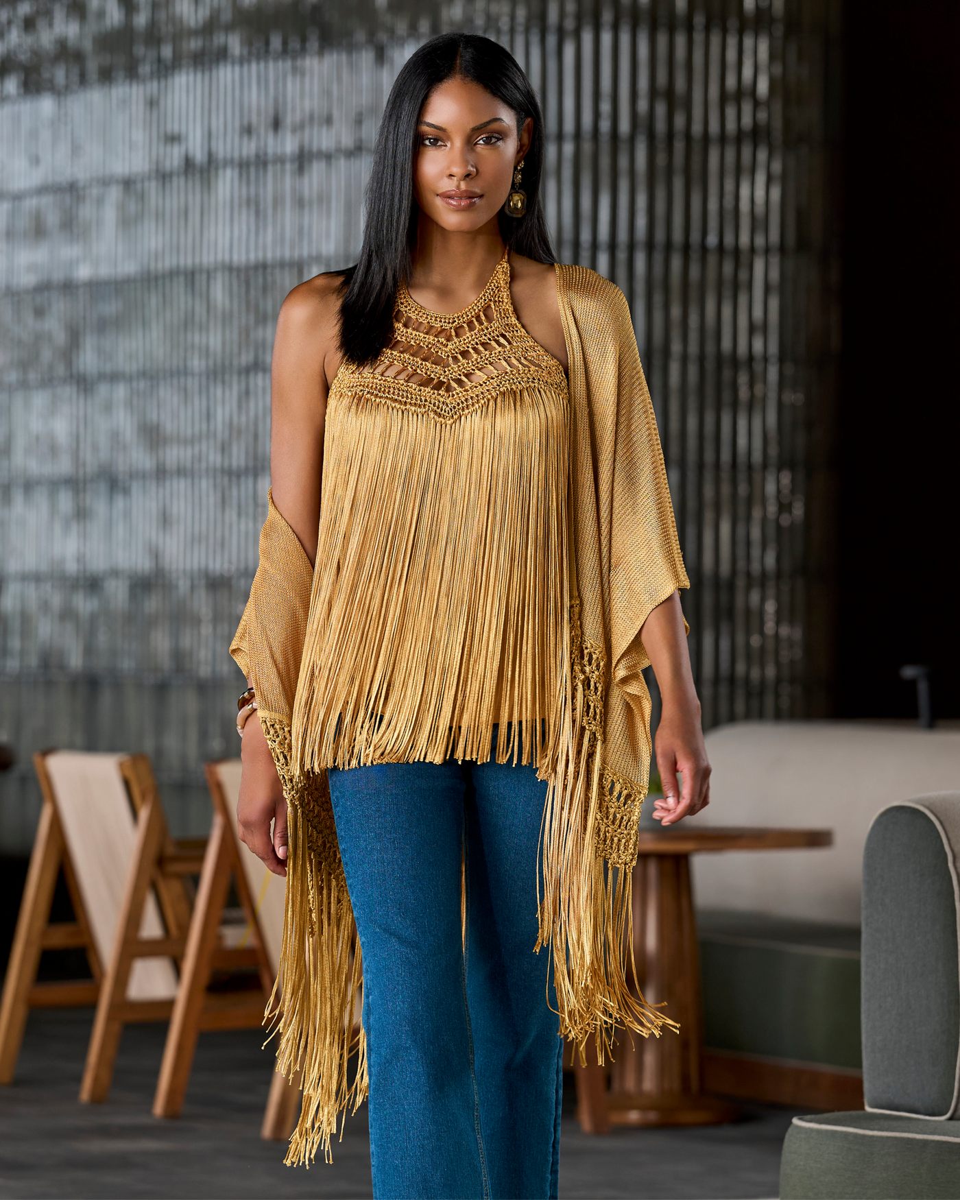 Macramé Fringe Poncho Tan