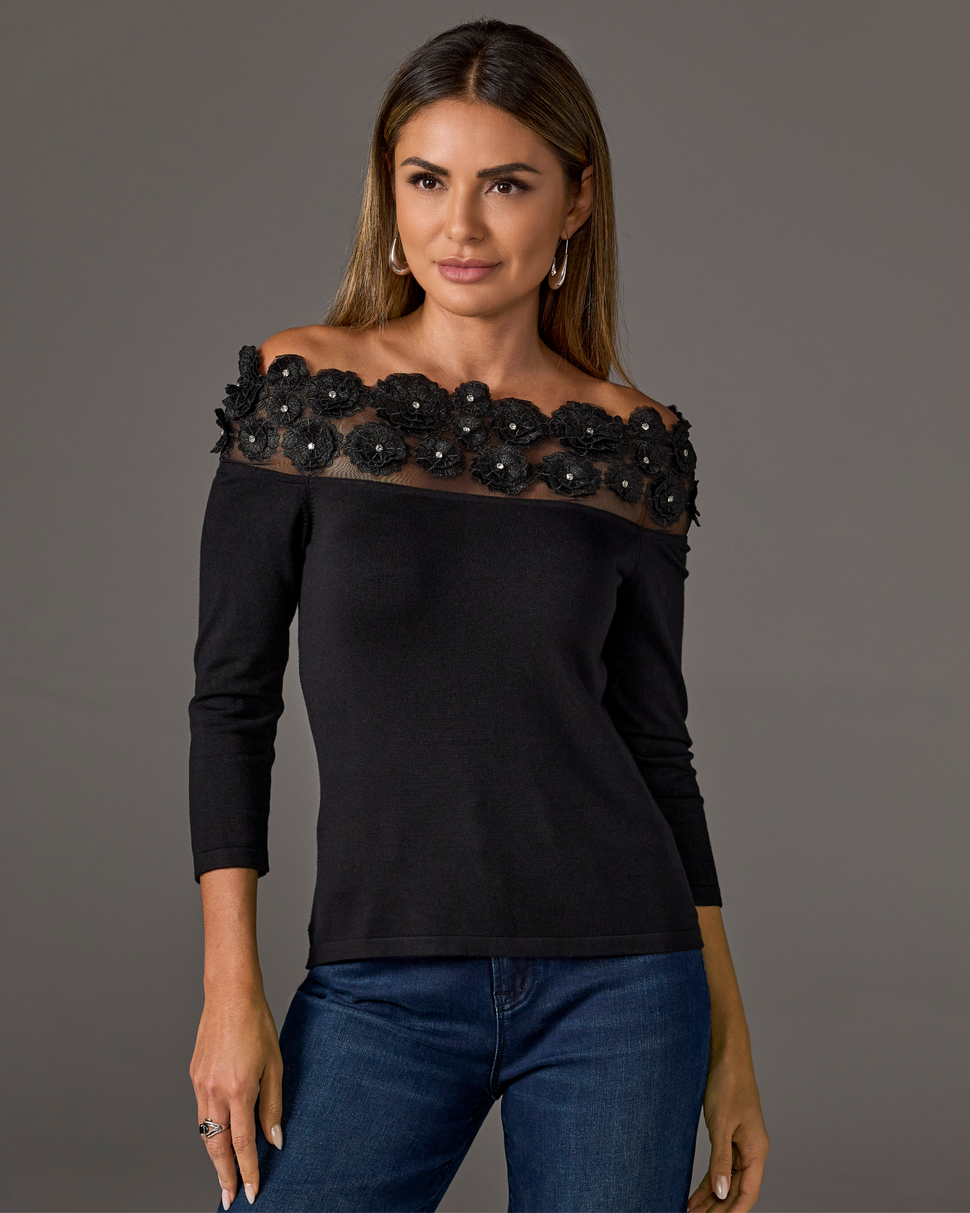 Floral Embellished Off the Shoulder Sweater Black