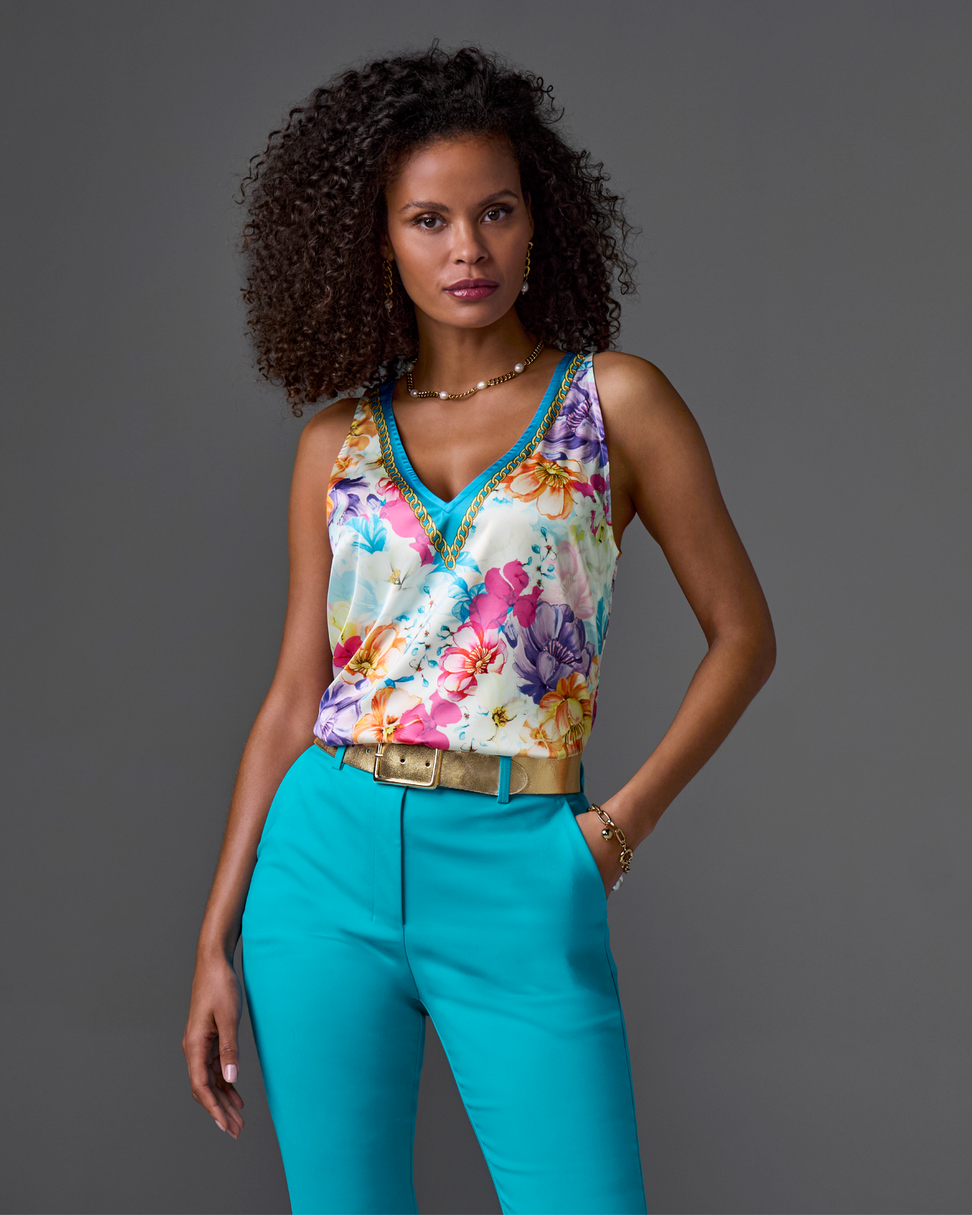 Print Chain Detail V Neck Charmeuse Blouse Iris Garden Placement