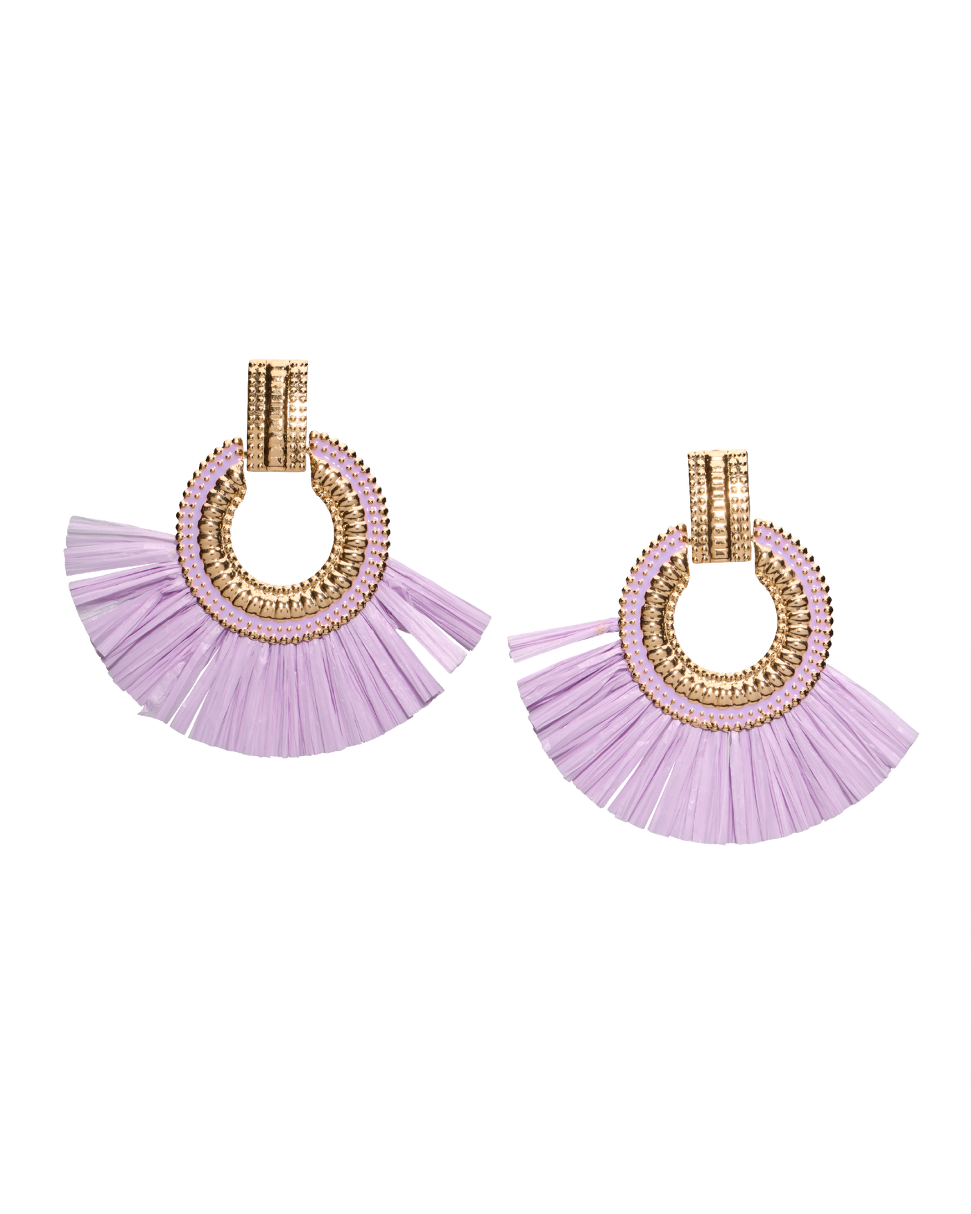 Gold and Raffia Fringe Earring Purple
