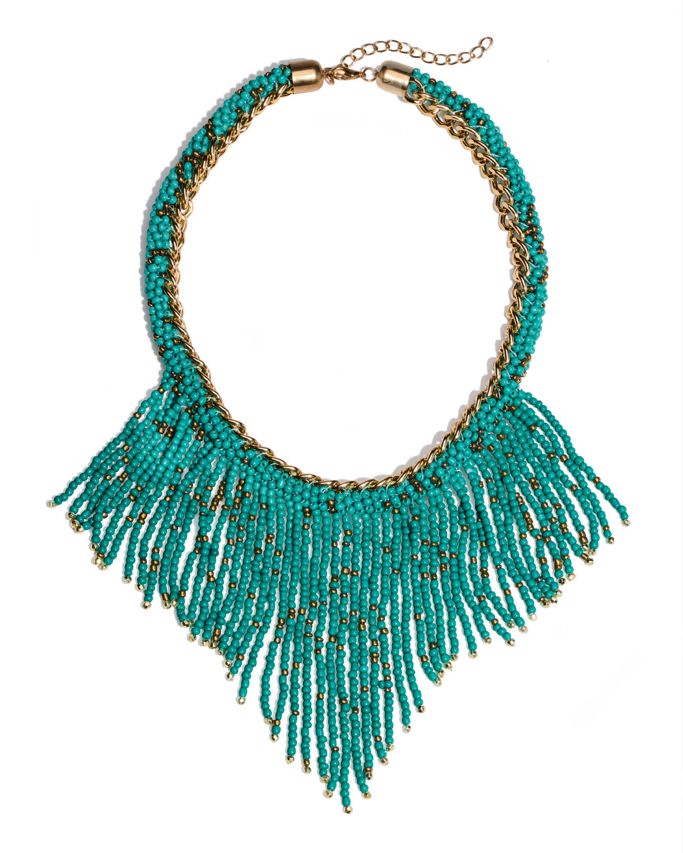 Chain and Beaded Fringe Necklace Turquoise/Gold