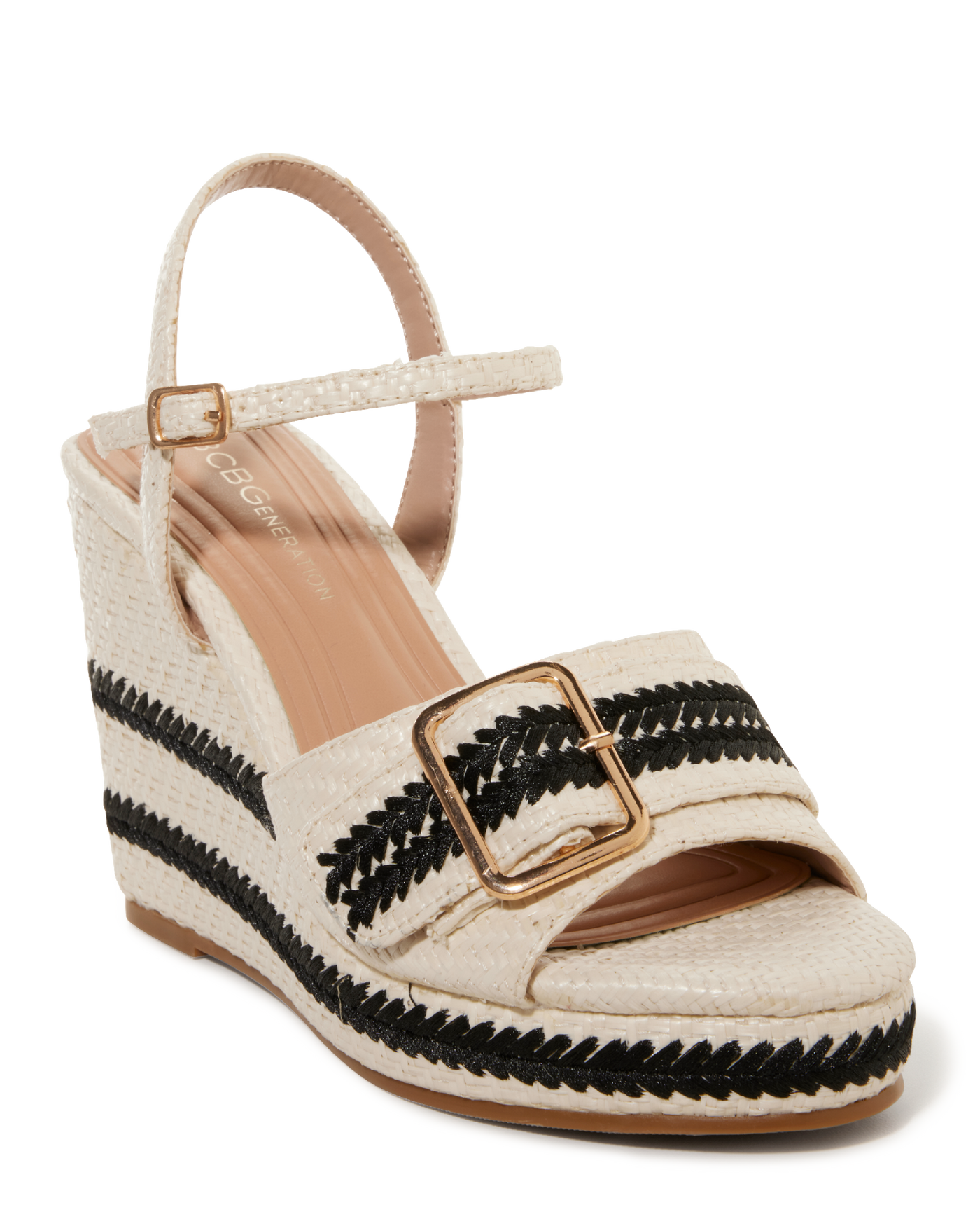 Colorblock Buckled Raffia Wedge White/Black