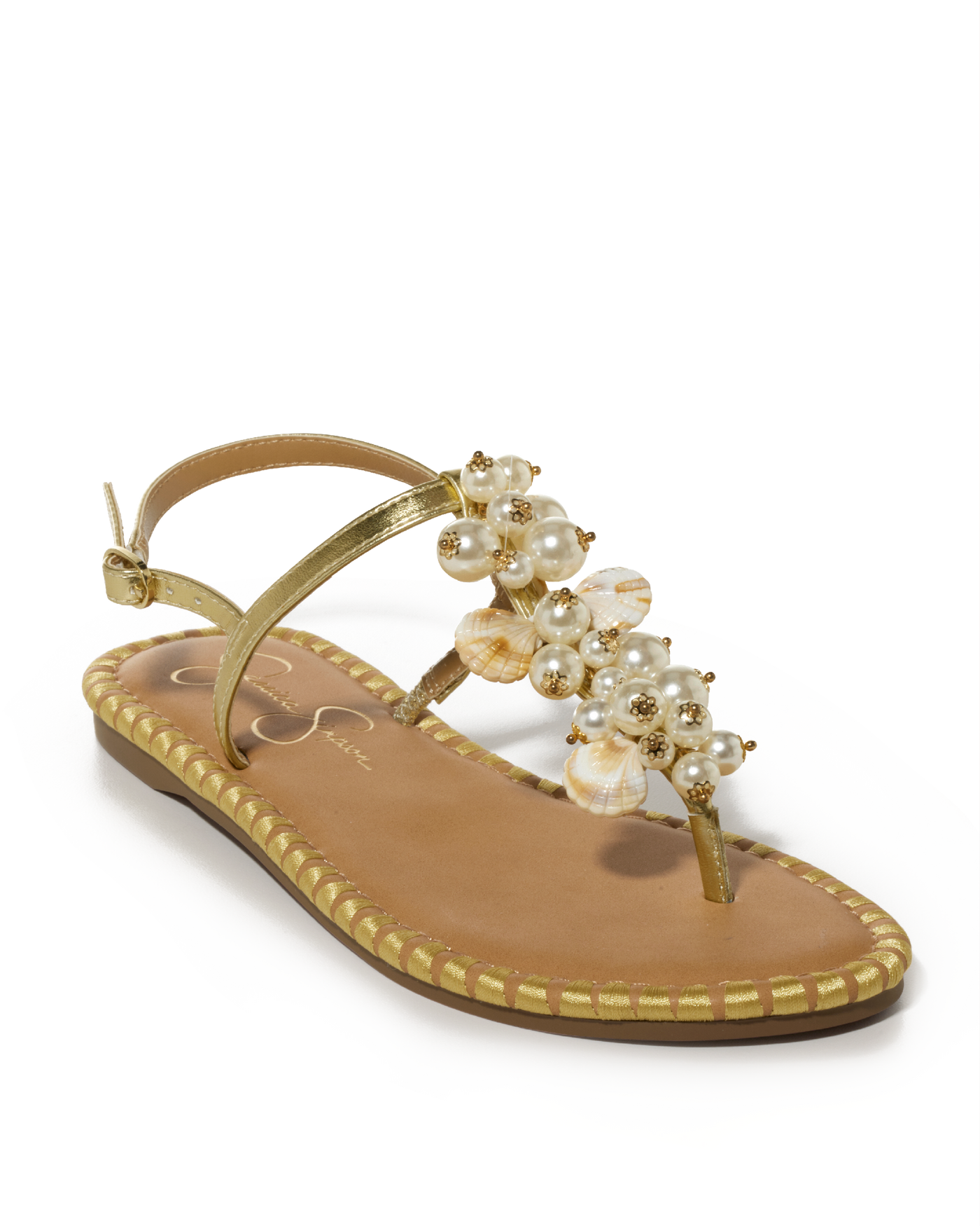 Shell and Pearl Embellished Sandal Gold Multi