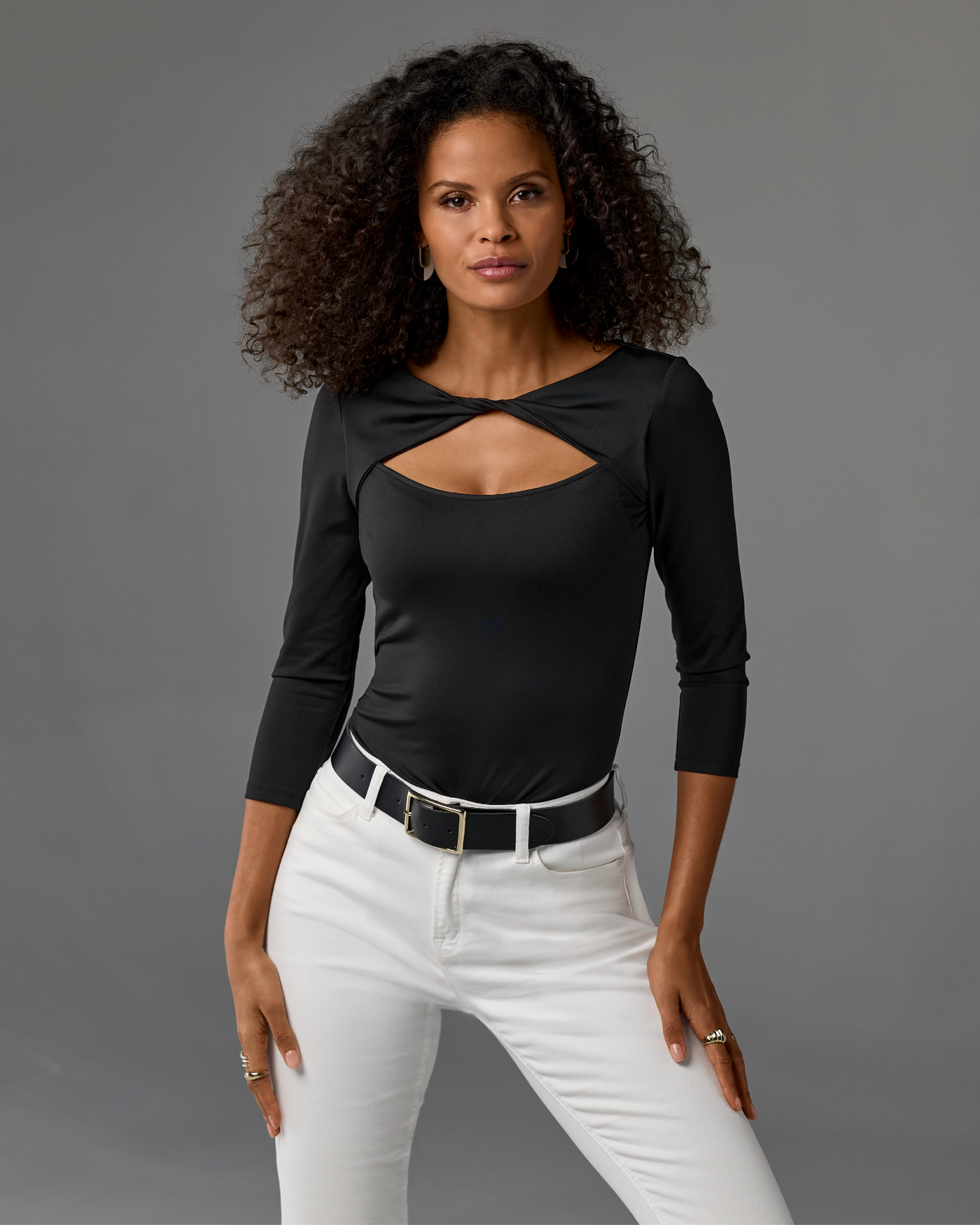 So Modern Cutout Three Quarter Sleeve Top Proper Black