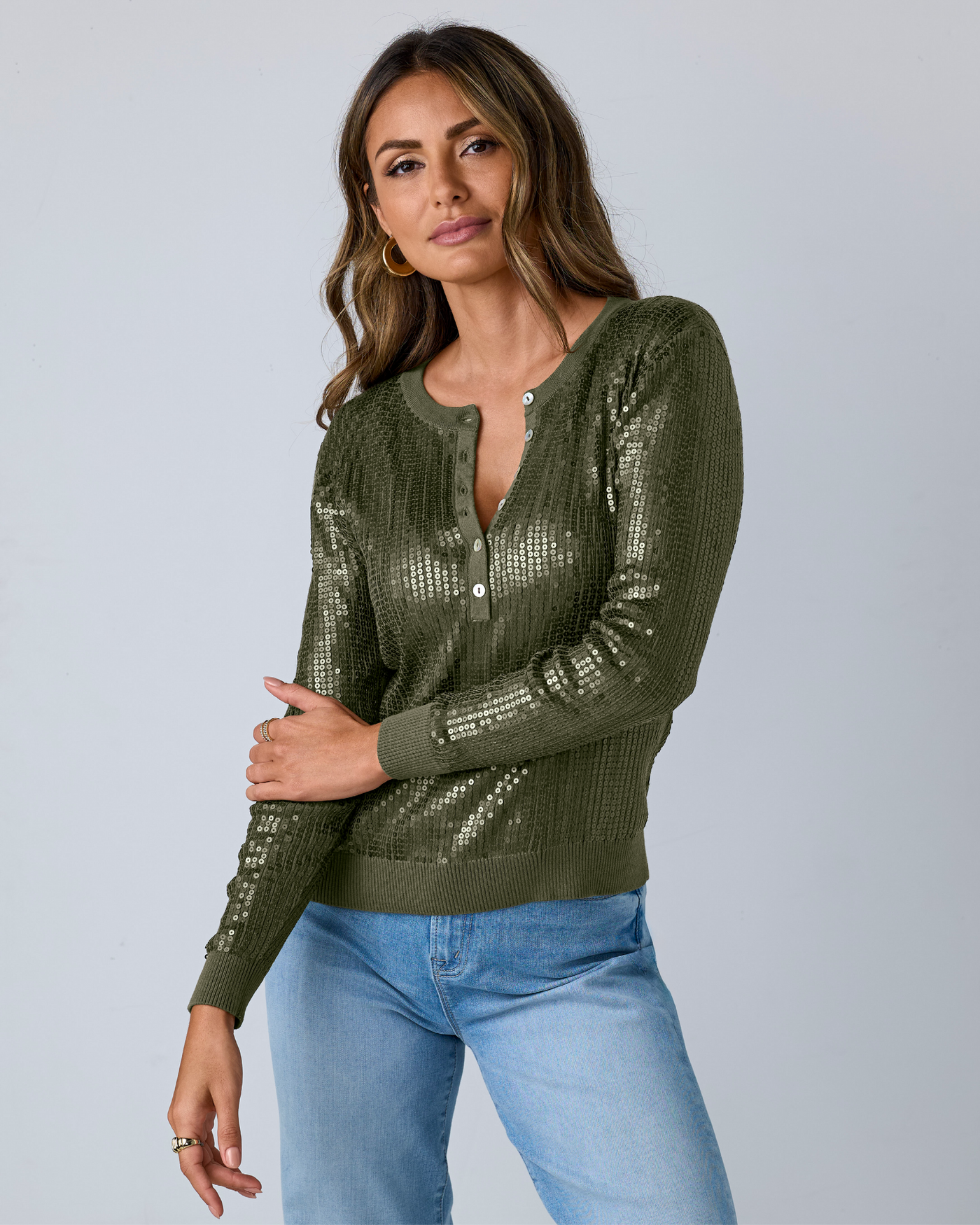 Henley Sequin Long Sleeve Sweater Olive Night