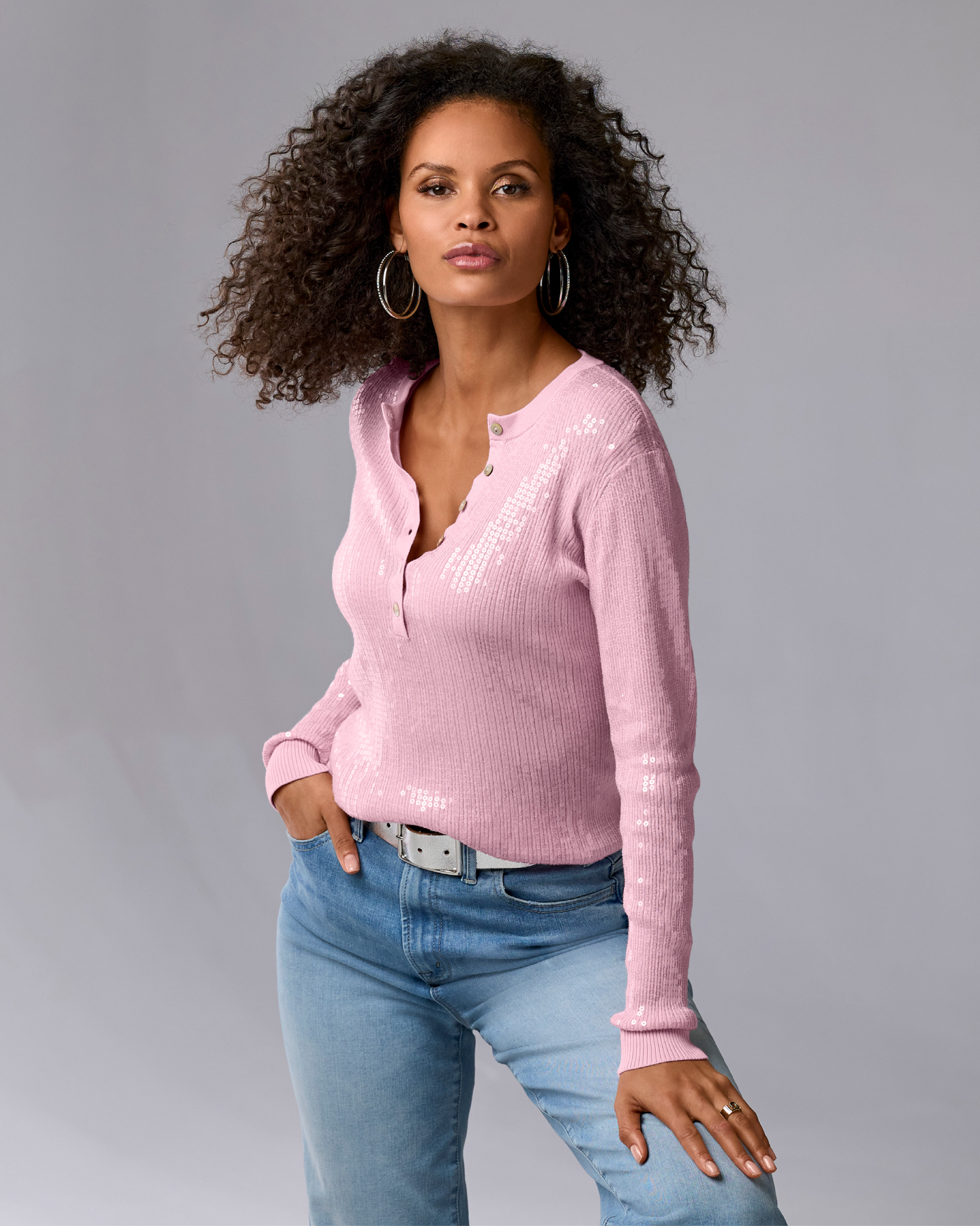 Henley Sequin Long Sleeve Sweater Roseate