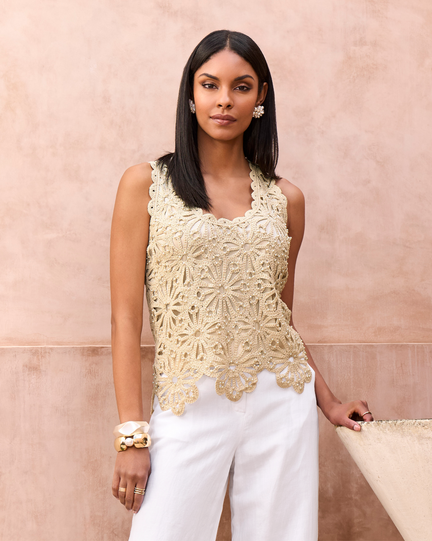 Crochet Pearl Embellished Sweater Tank Neutral