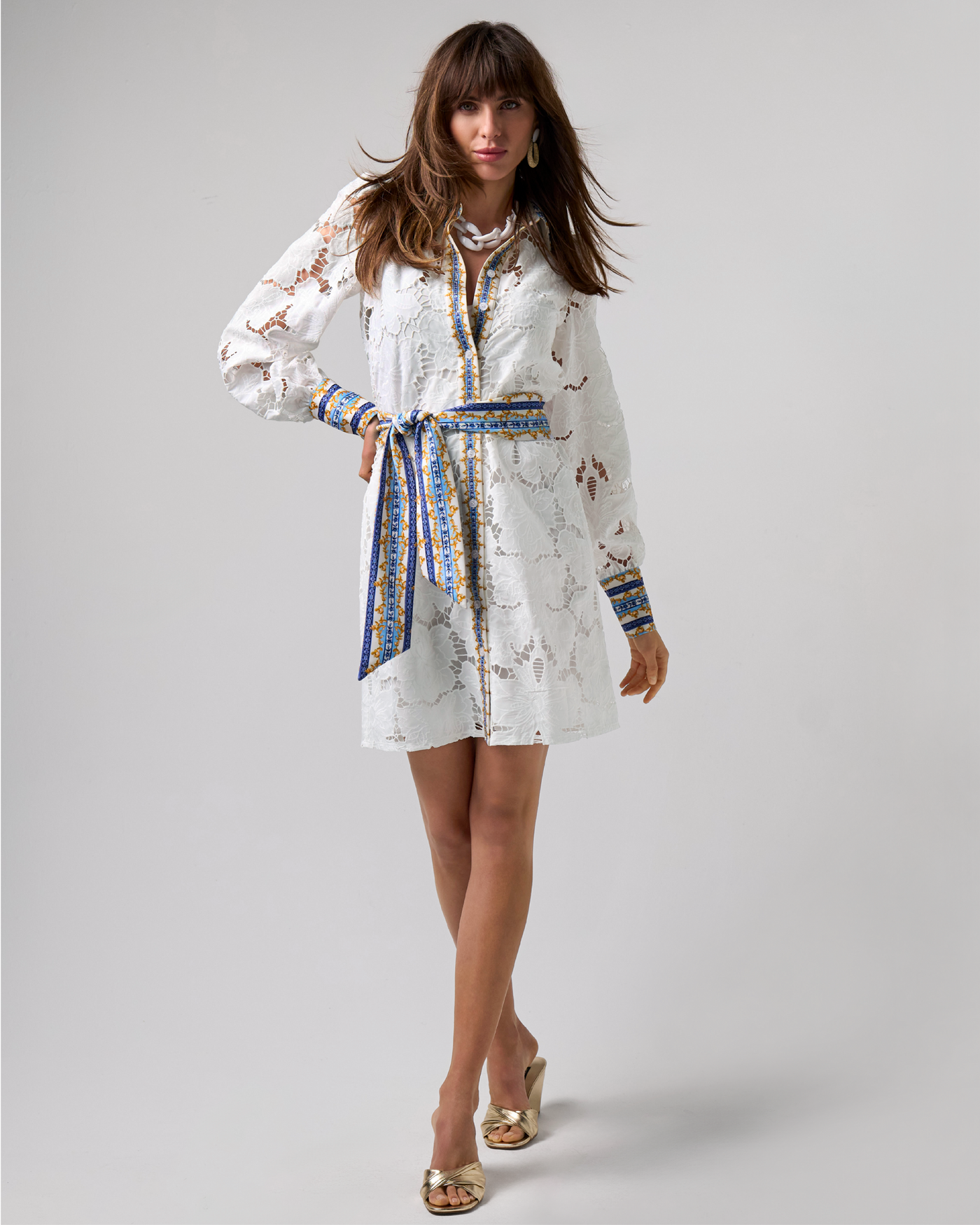 Status Print Collared Lace Shirt Dress Filagree Borders