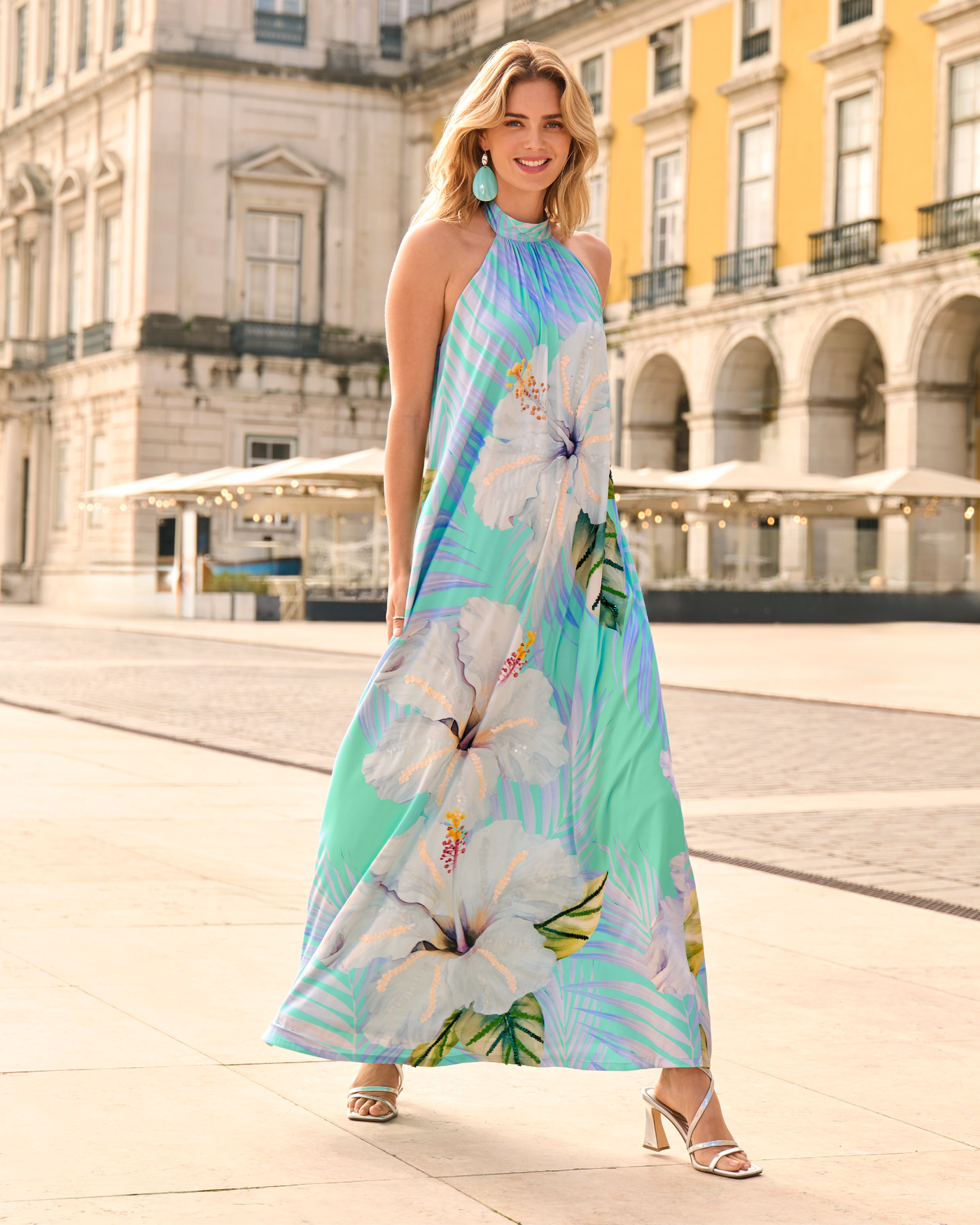 Exploded Hibiscus Sequin Embellished Halter Maxi Dress Exploded Hibiscus