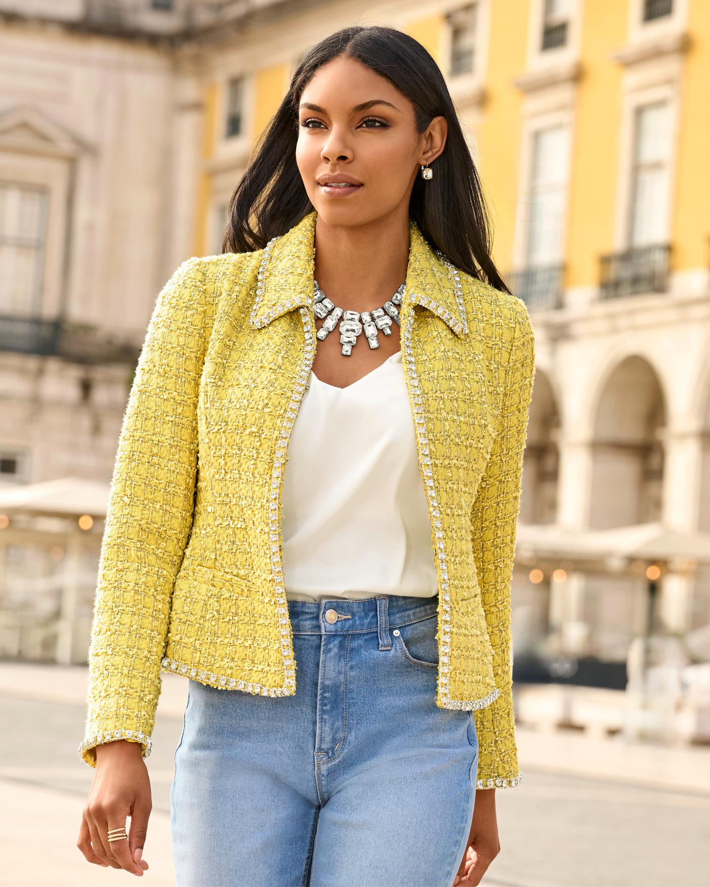 Crystal Trim Tweed Jacket Yellow