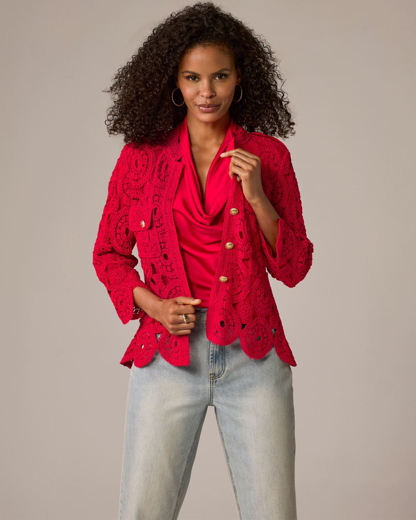 Crochet Three Quarter Sleeve Jacket Tomato Red