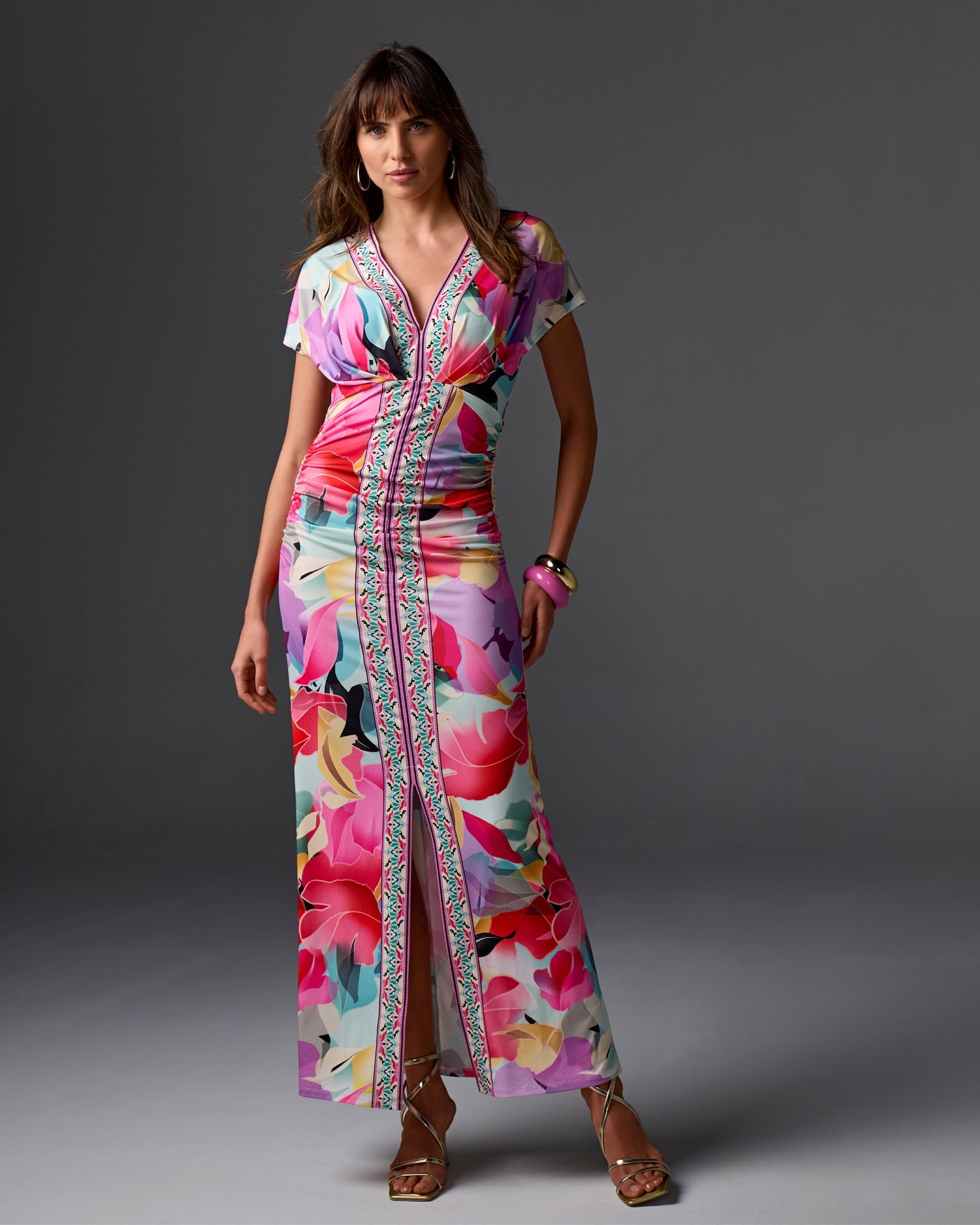 Spring Soiree Border Print Short Sleeve Ruched Ankle Length Dress Spring Soiree