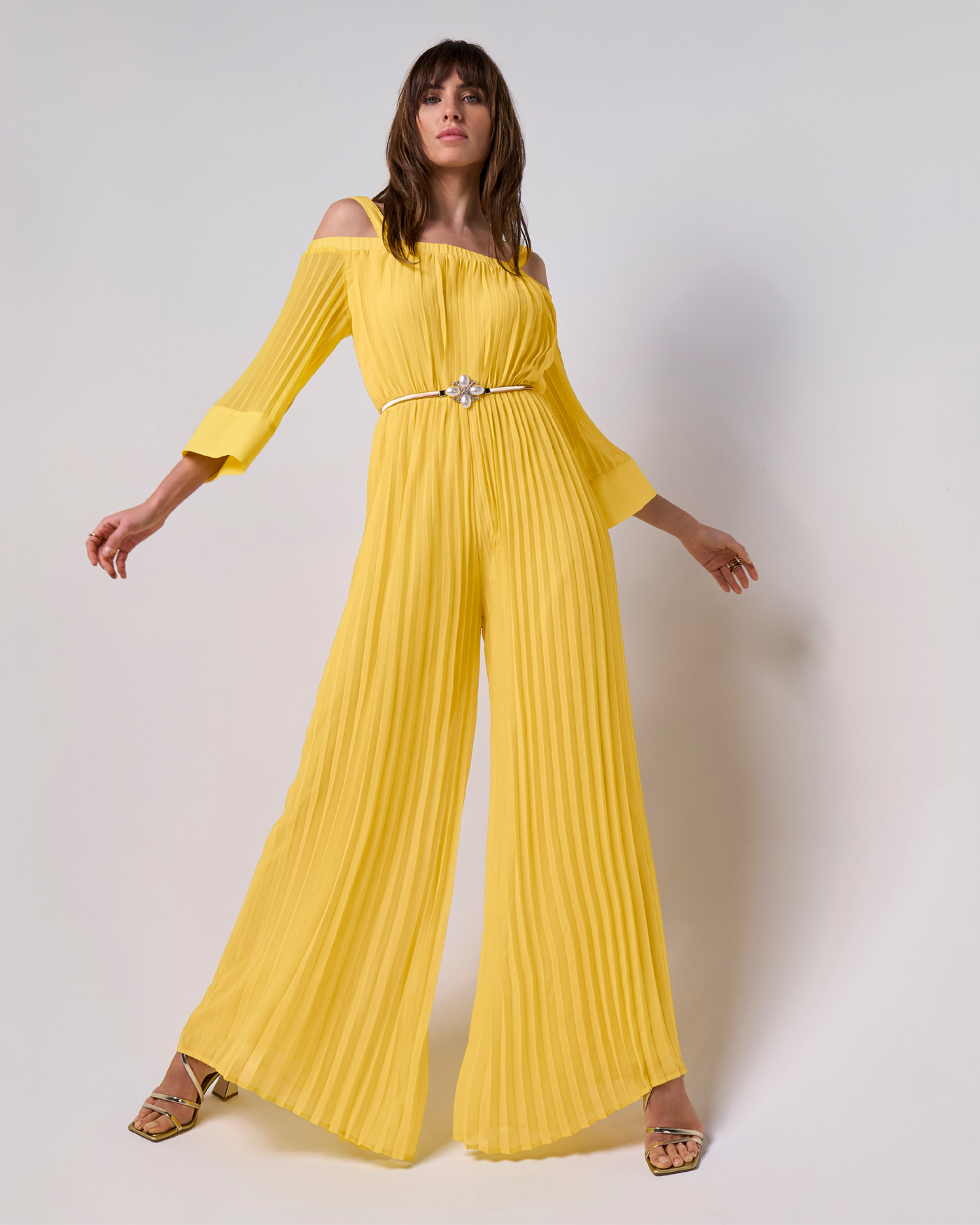 Cold Shoulder Blouson Pleated Jumpsuit Lemon Drop