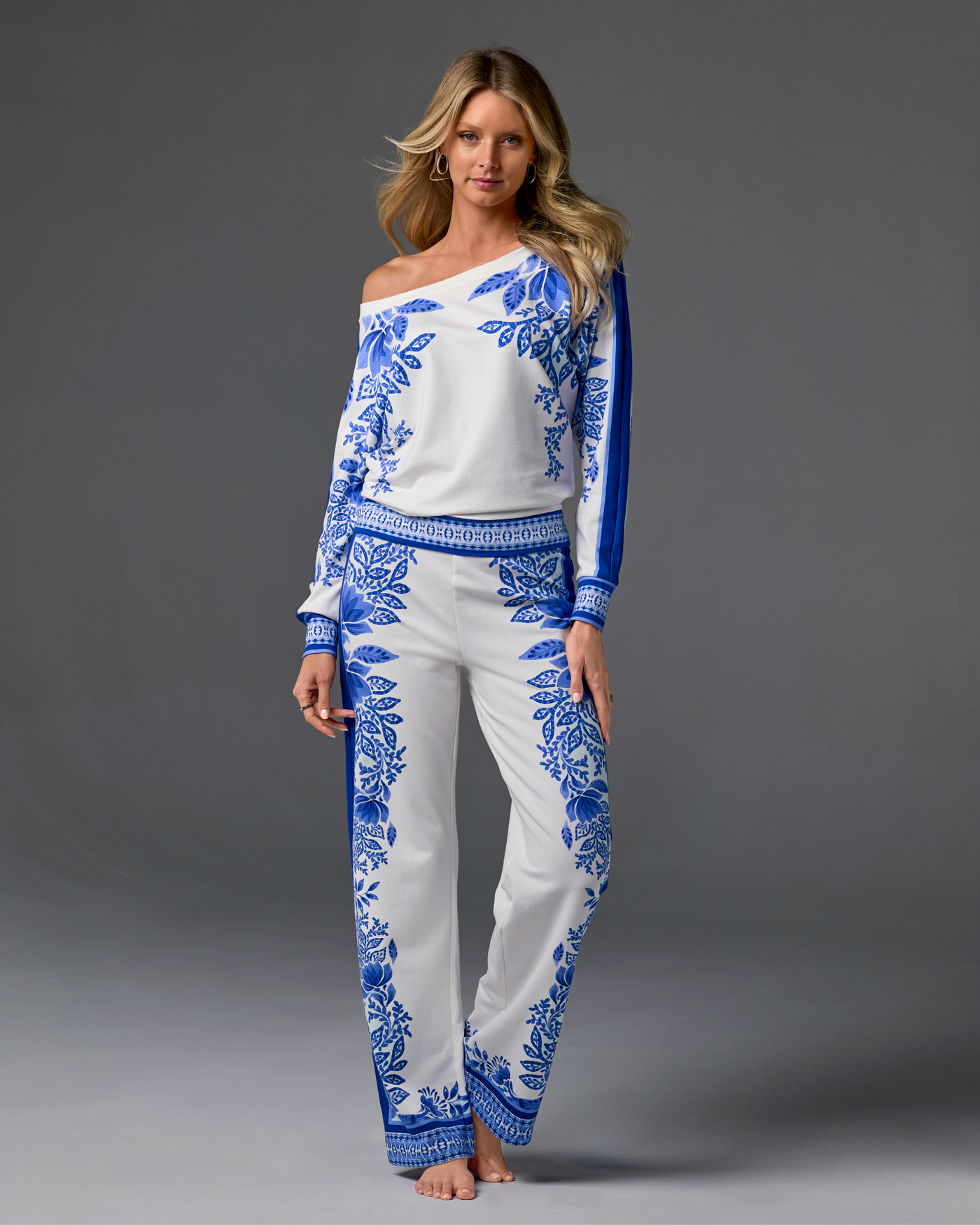 Printed Slouchy Lounge Set Blue White