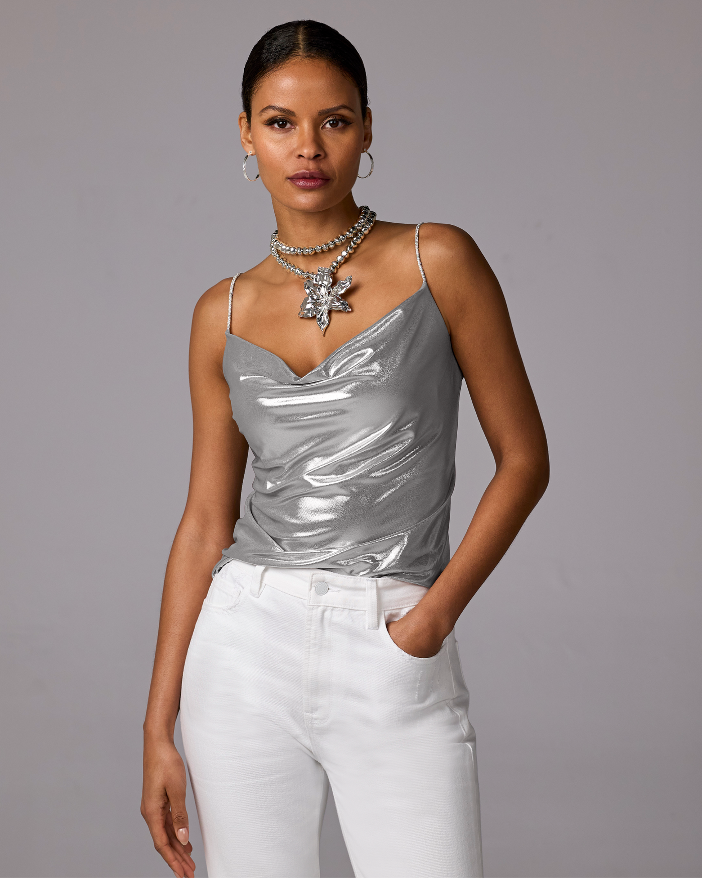 Metallic Cowl Neck Cami Silver