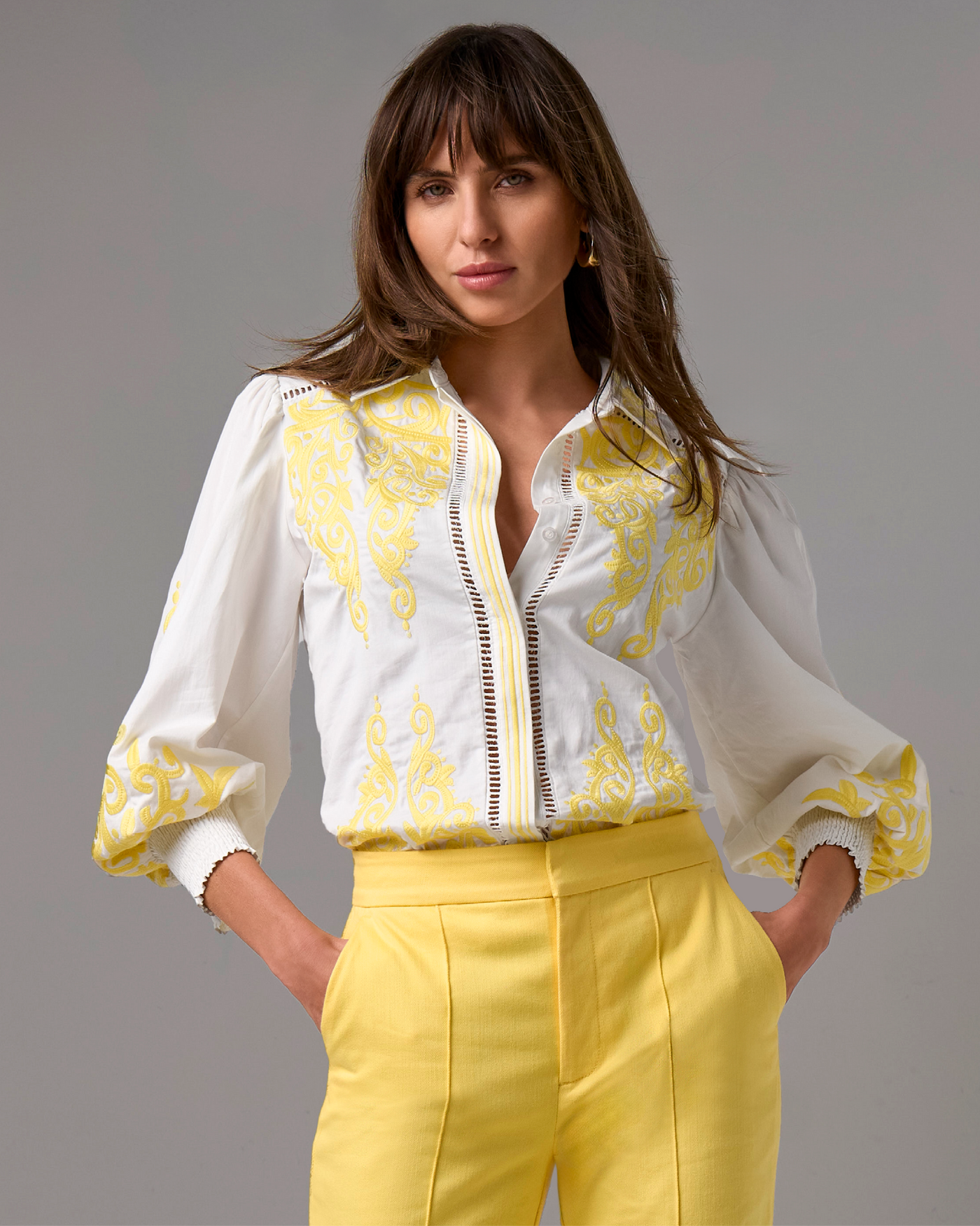 Hamptons Scroll Detail Button Up Shirt Lemon Drop