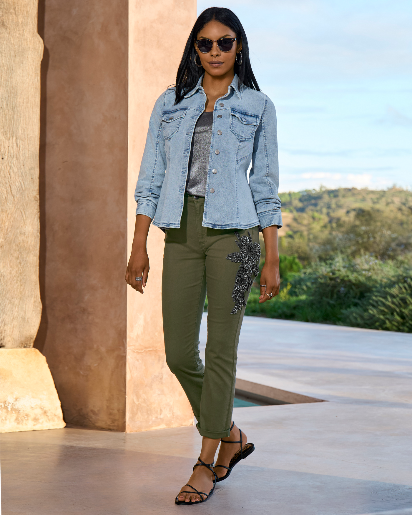 Newport Crystal Trim Tonal Jean Olive