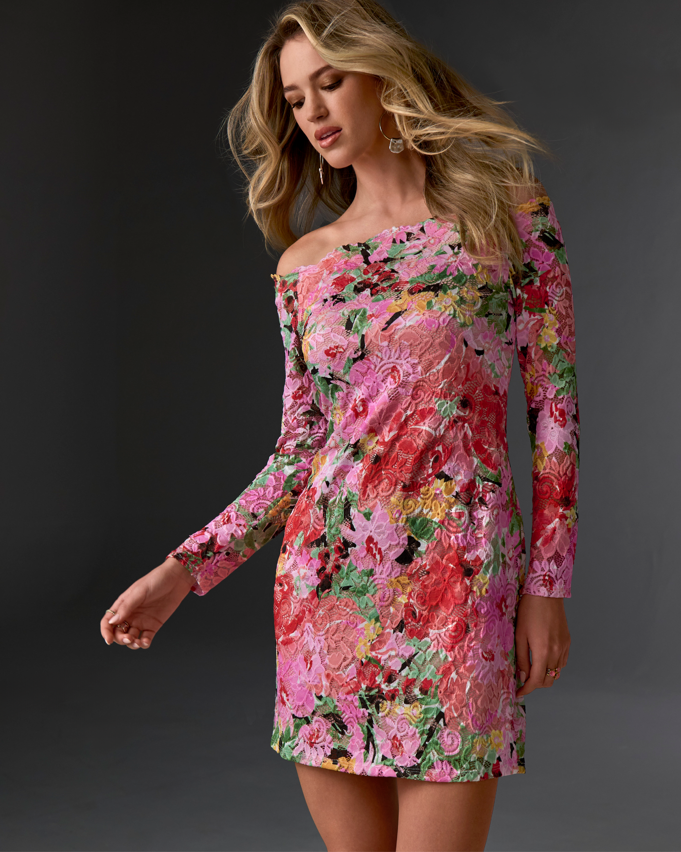 Shoulder Skimming Printed Stretch Lace Sheath Dress Pink Multi
