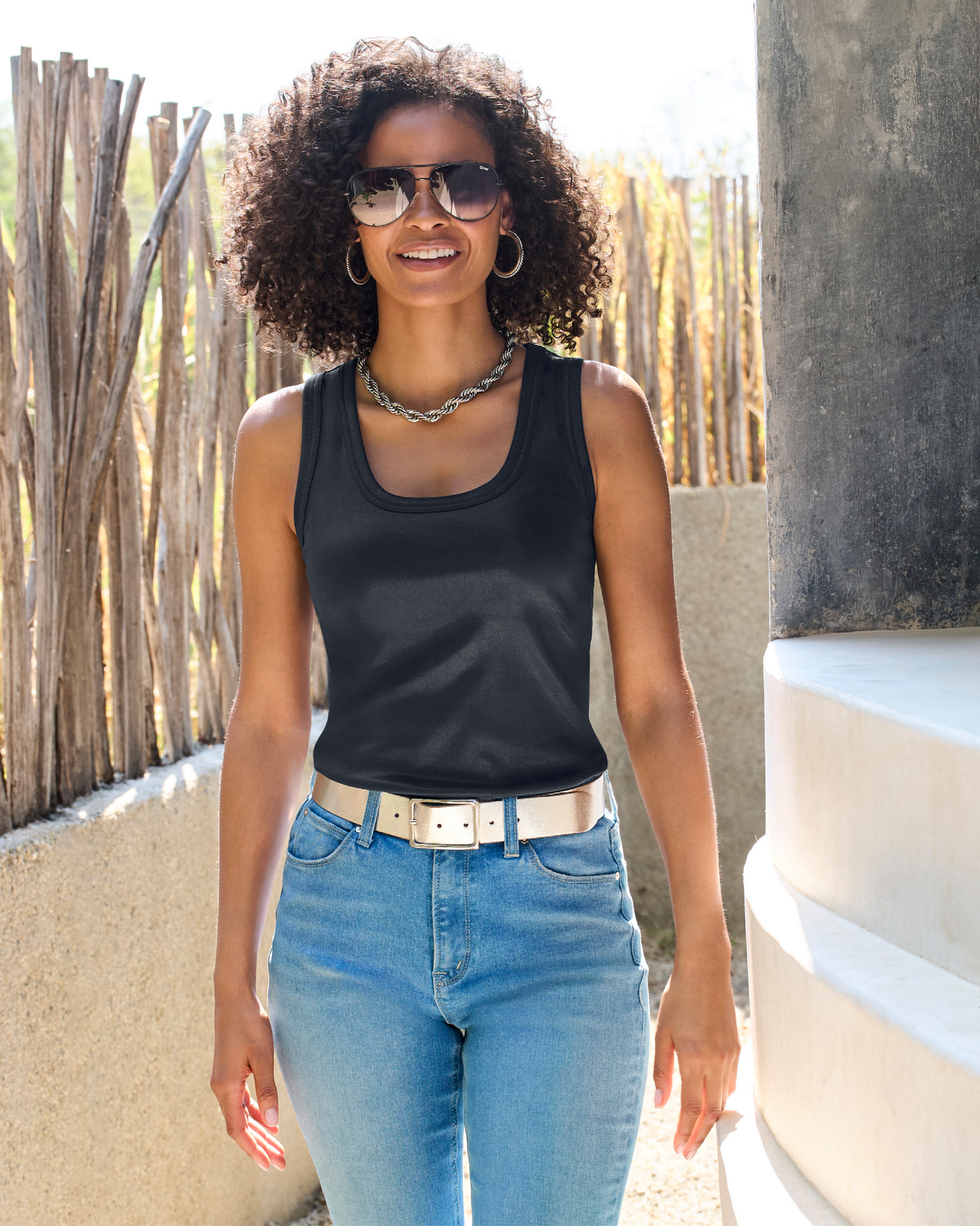 Metallic Scoop Neck Tank Top Navy