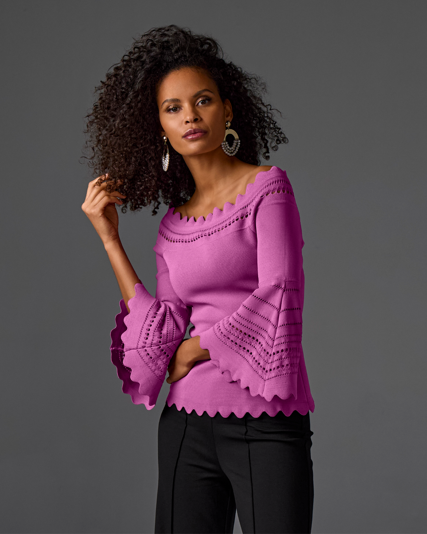 Off The Shoulder Lace Scallop Sweater Radiant Orchid