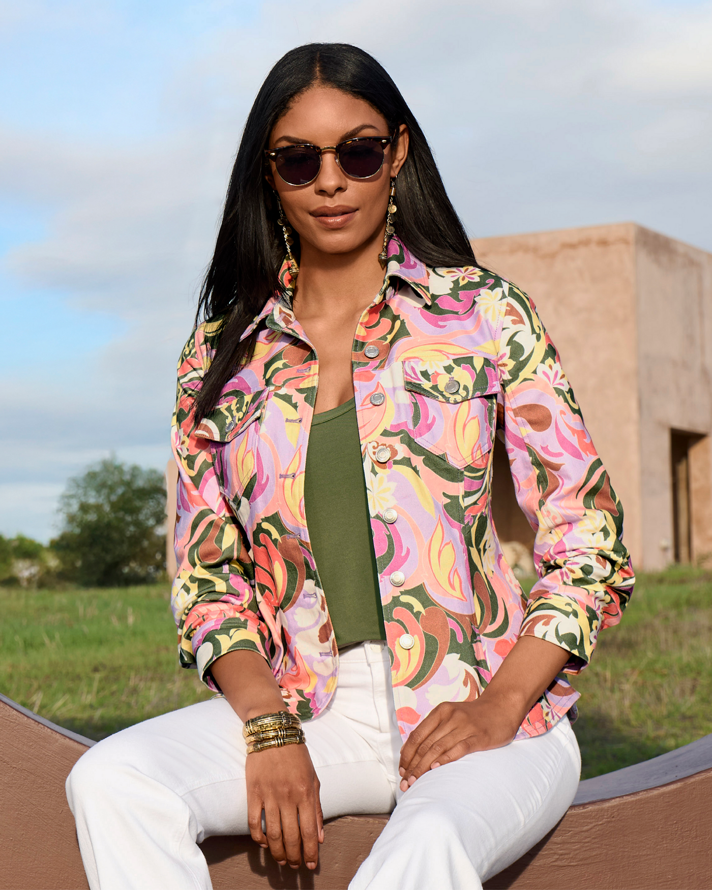 Print Ruched Sleeve Shaped Denim Jacket St Tropez Abstract