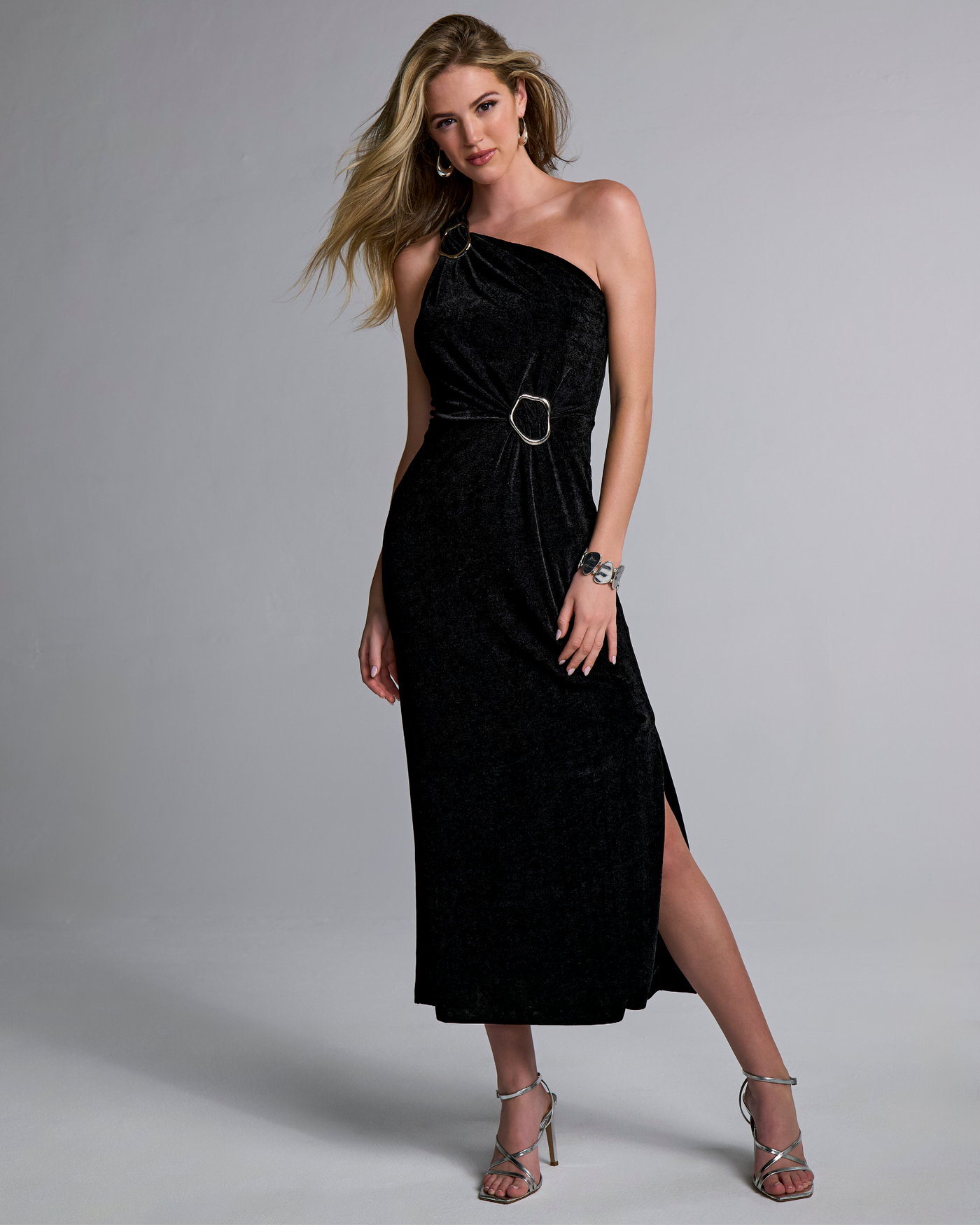 Hardware Detail One Shoulder Knit Dress Black
