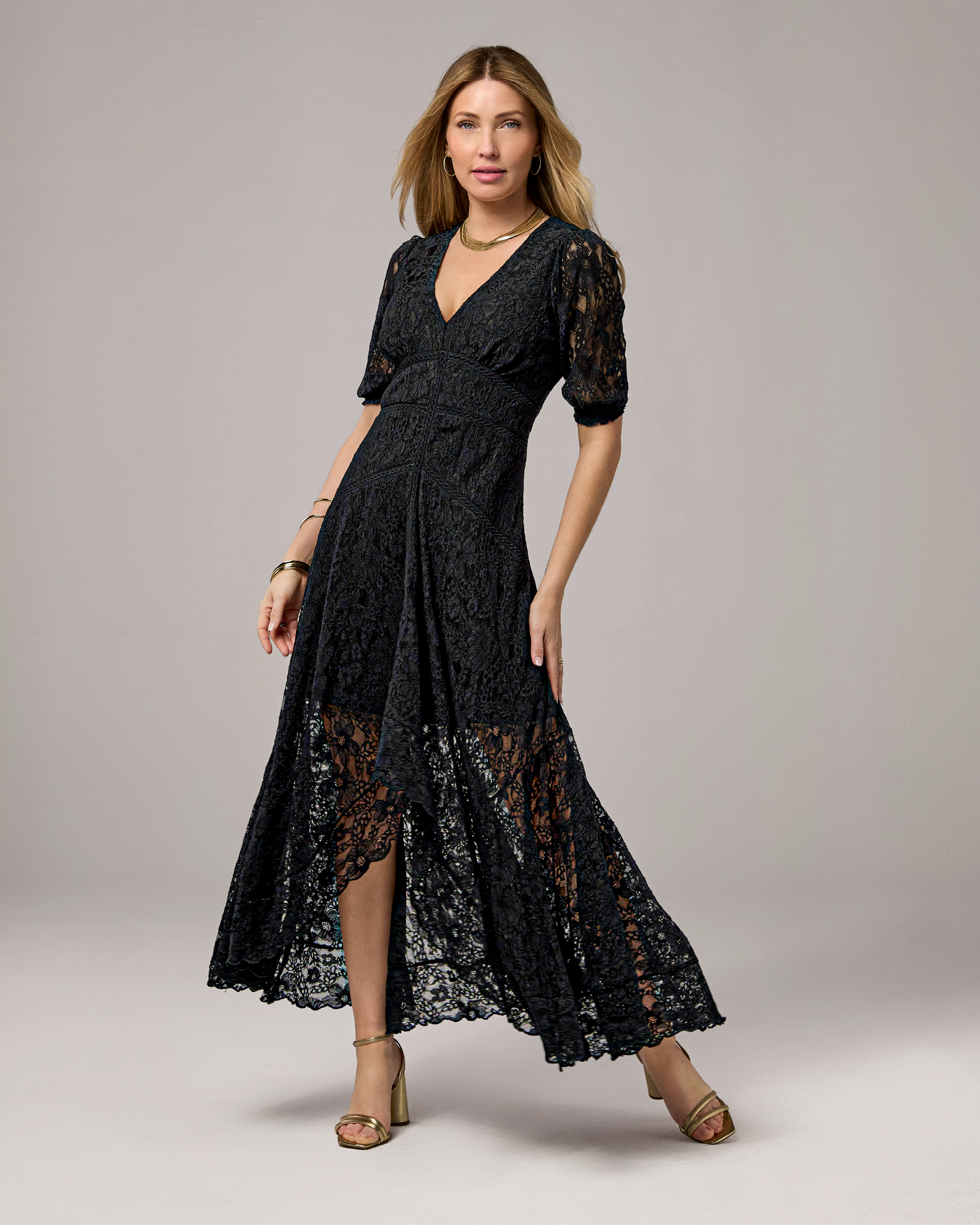 Lace High Low Puff Sleeve Maxi Dress Black