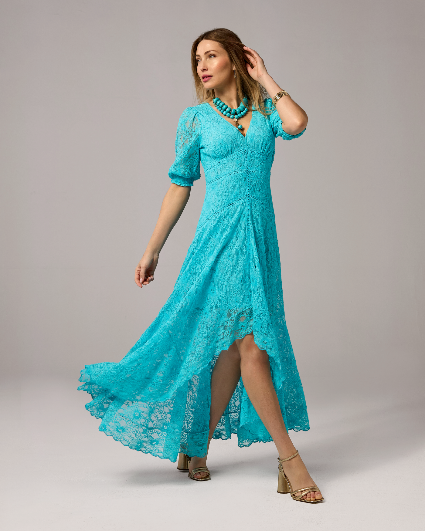 Lace High Low Puff Sleeve Maxi Dress Capri
