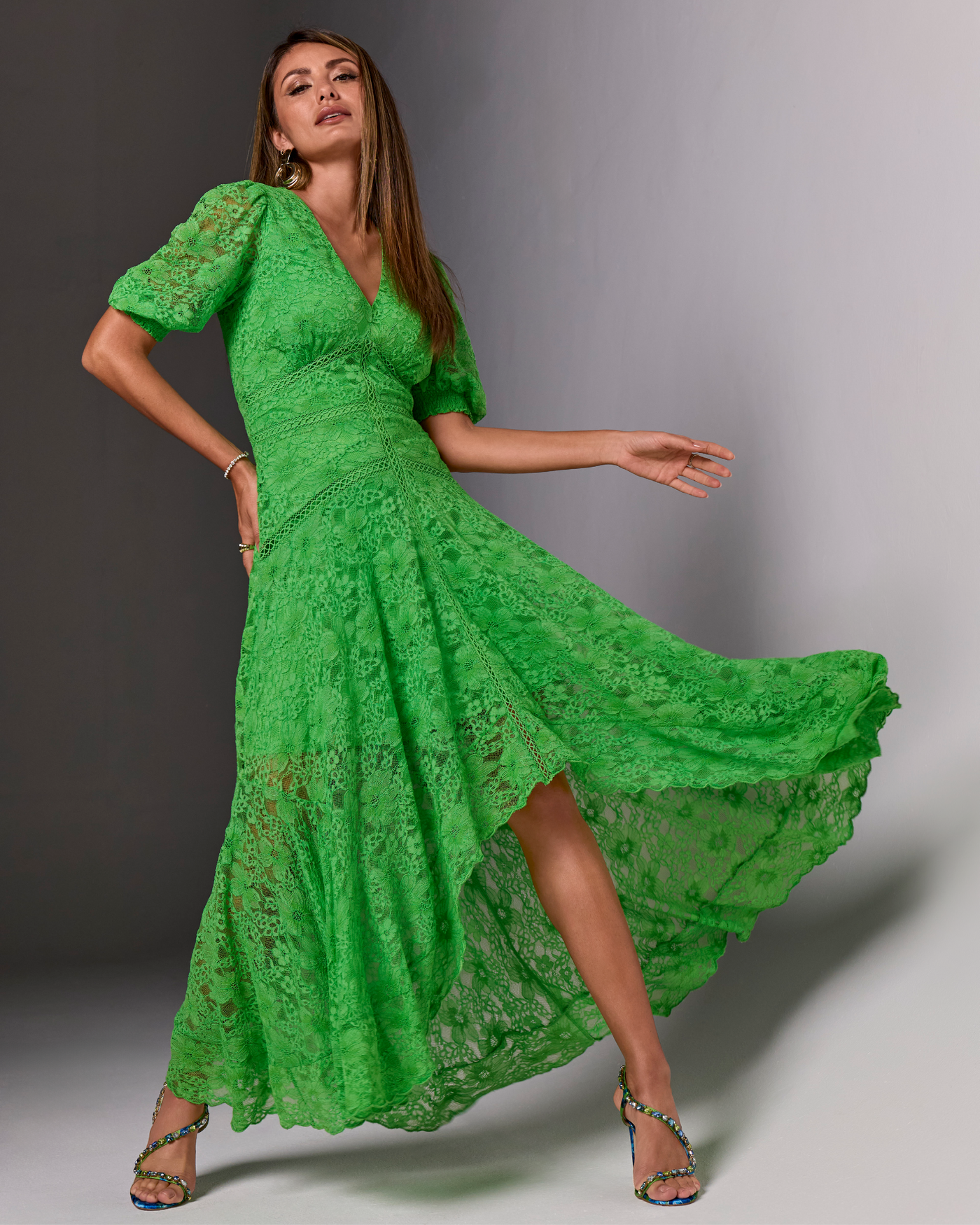Lace High Low Puff Sleeve Maxi Dress Ivy Green