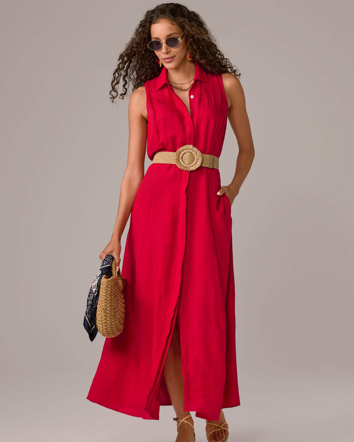 Sleeveless Linen Maxi Shirt Dress Tomato Red