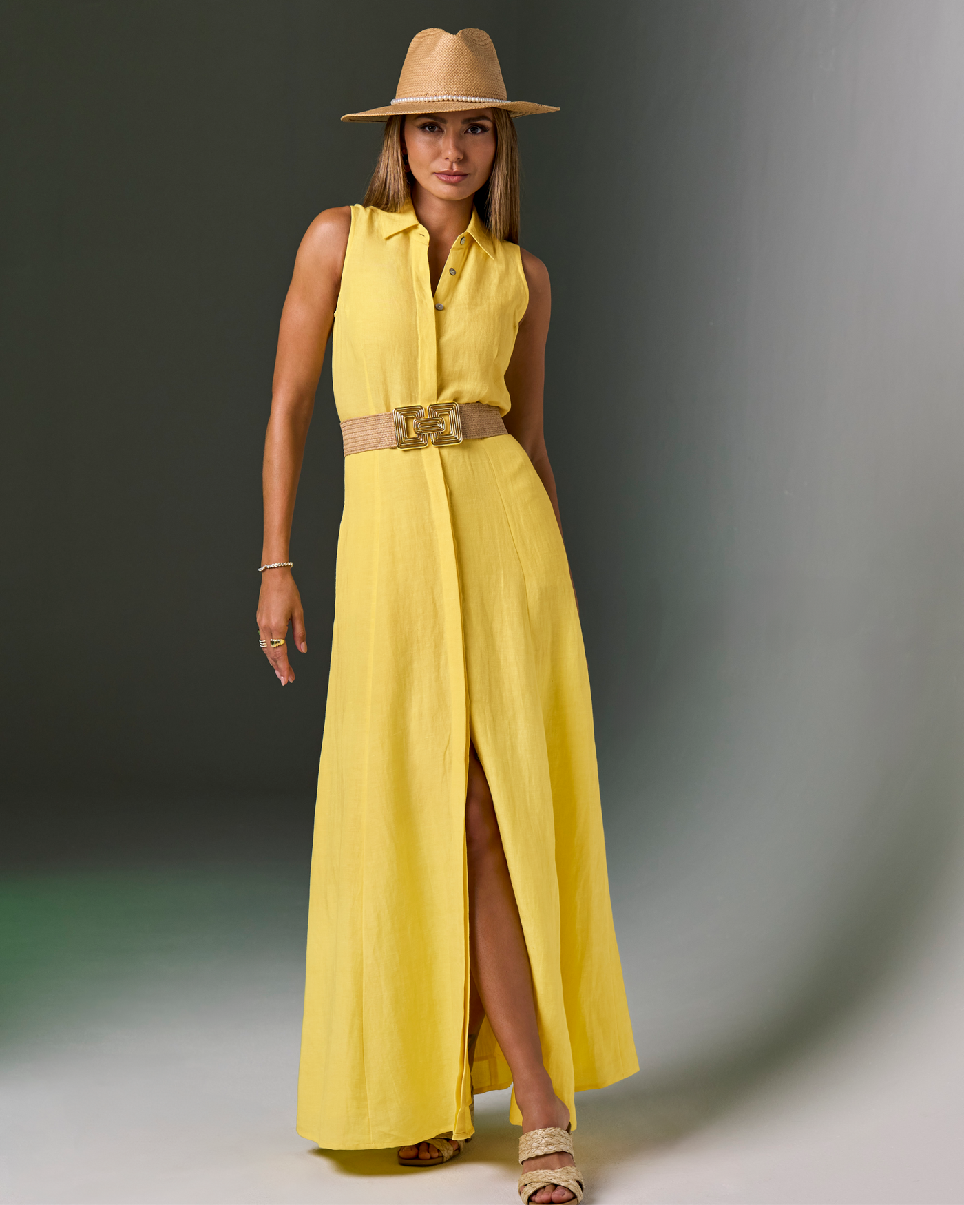 Sleeveless Linen Maxi Shirt Dress Lemon Drop