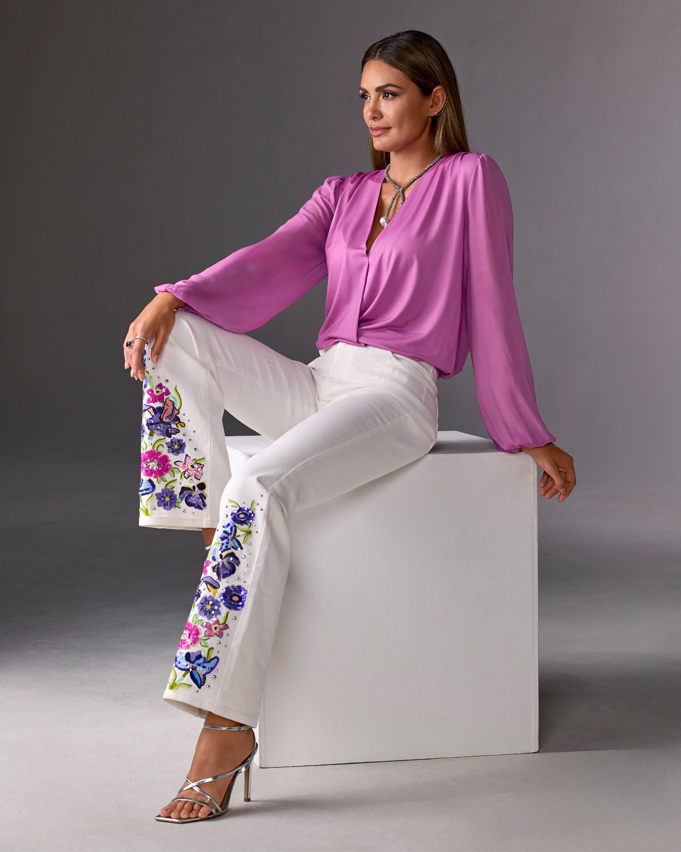 Monterey Floral Embellished Jean White Multi