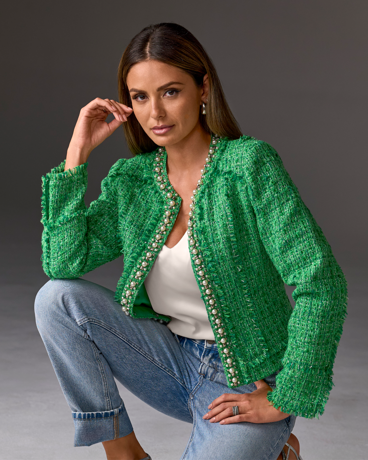 Pearl Trim Tweed Jacket Green