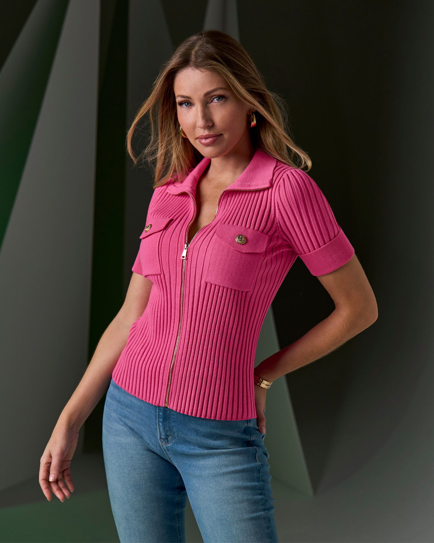 Wide Rib Zip Up Sweater Top Shocking Pink