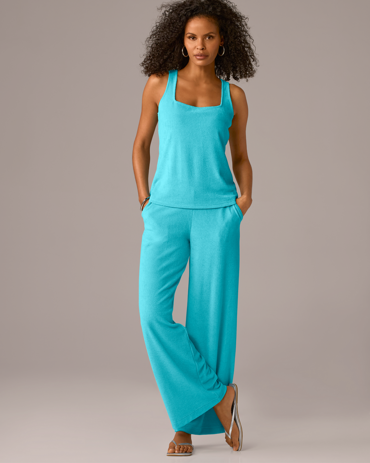 Beach Terry Square Neck and Wide Leg Pant Set Capri