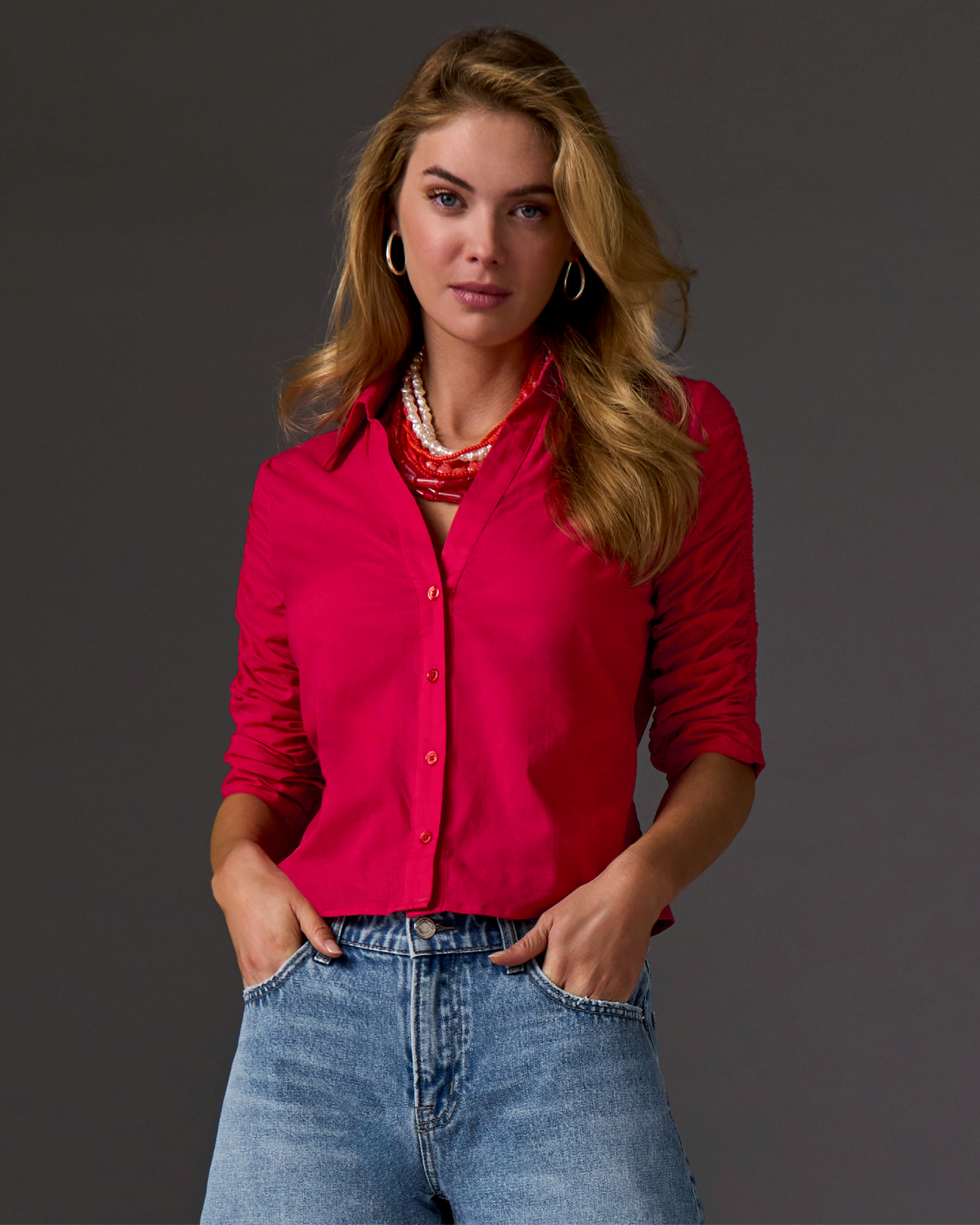 Ruched Sleeve Button Up Shirt True Red