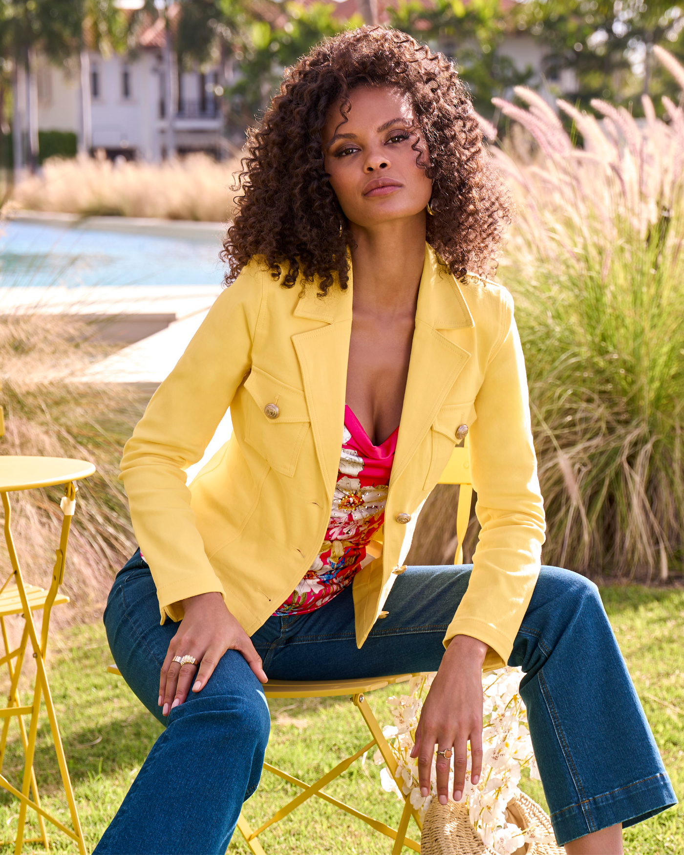 Modern Length Crest Button Luxe Denim Jacket Lemon Drop