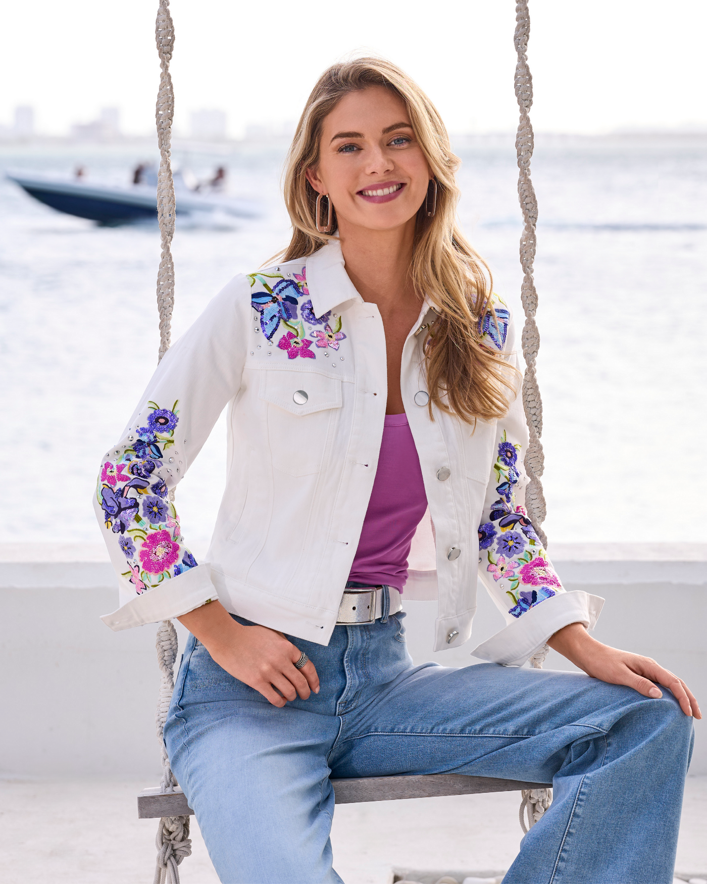 Floral Embroidered Denim Jacket White