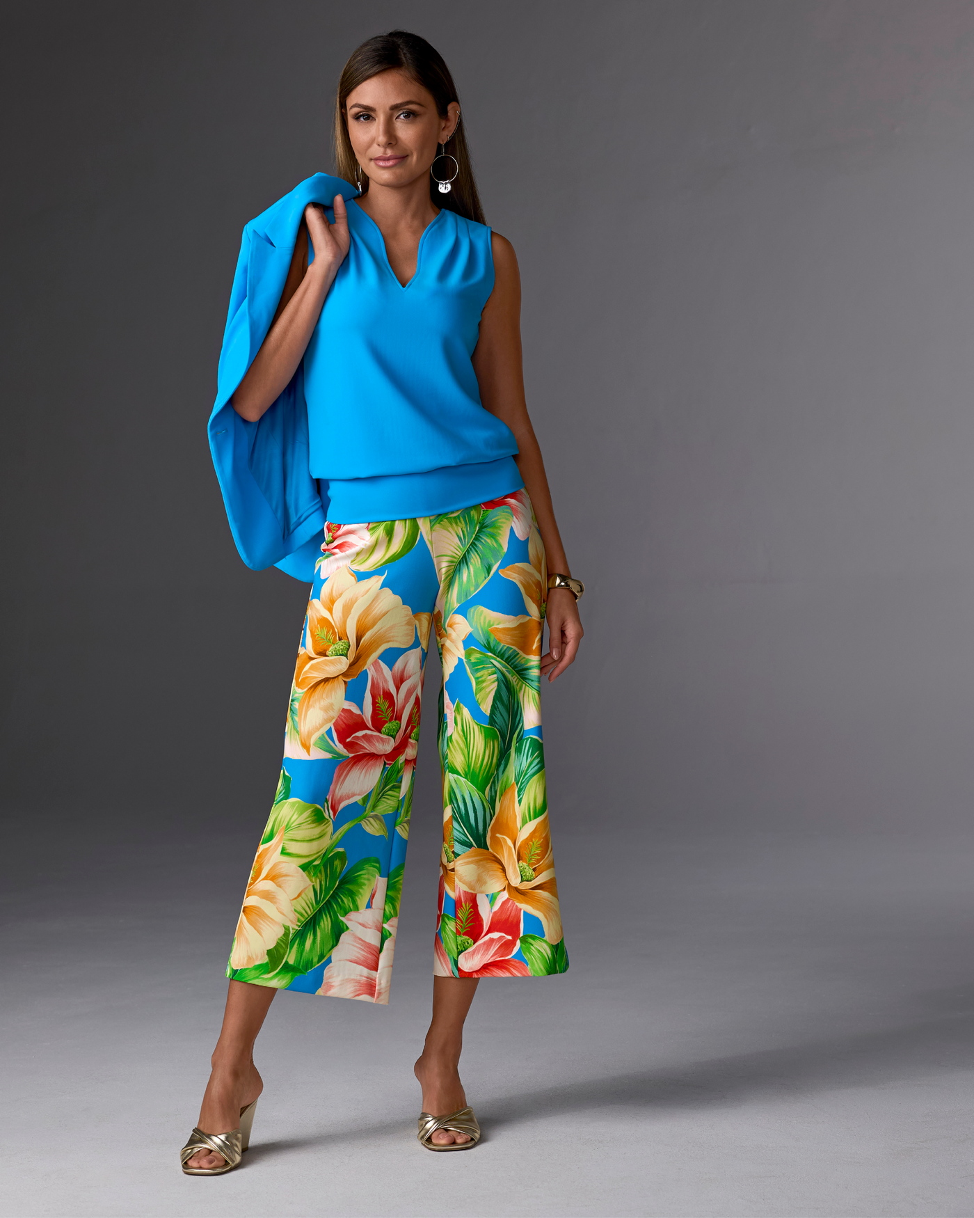 Beyond Travel Wide Leg Crop Print Pant Blue Multi