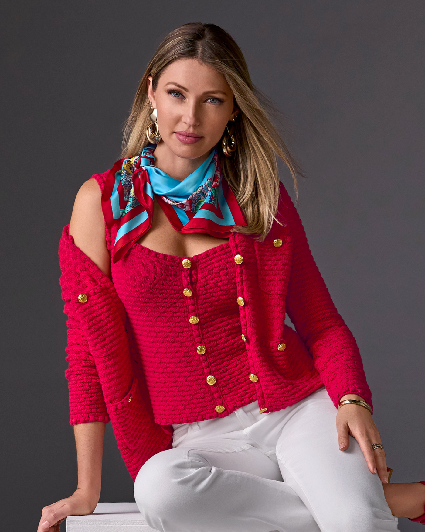 Button Detail Pocket Sweater Cardigan True Red