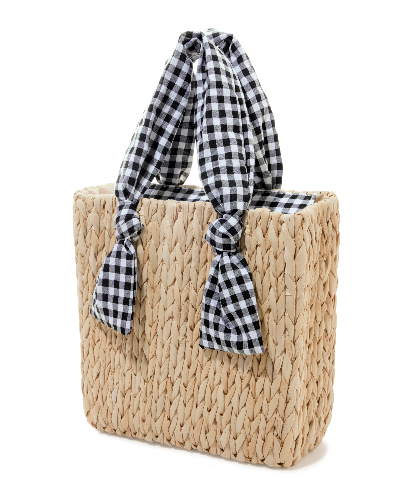 Print Handle Raffia Bag Black/White Gingham