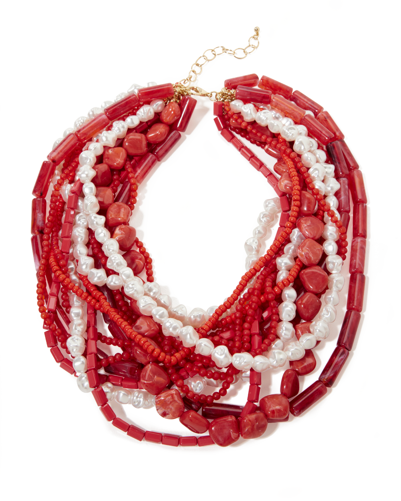 Long Beaded and Pearl Layered Necklace Red Multi