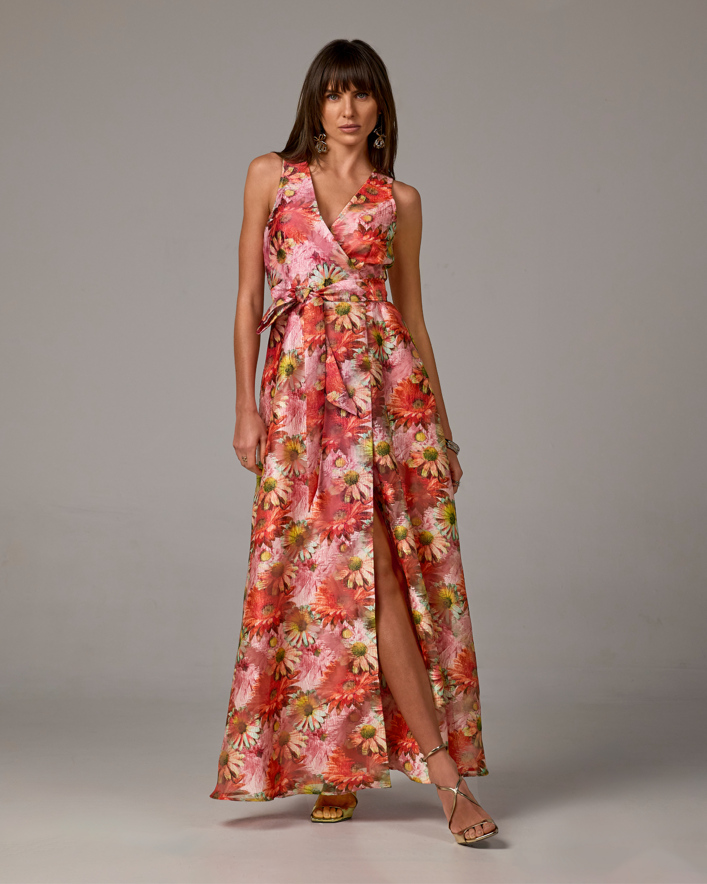 Floral Print Organza Sleeveless Gown Pink Multi